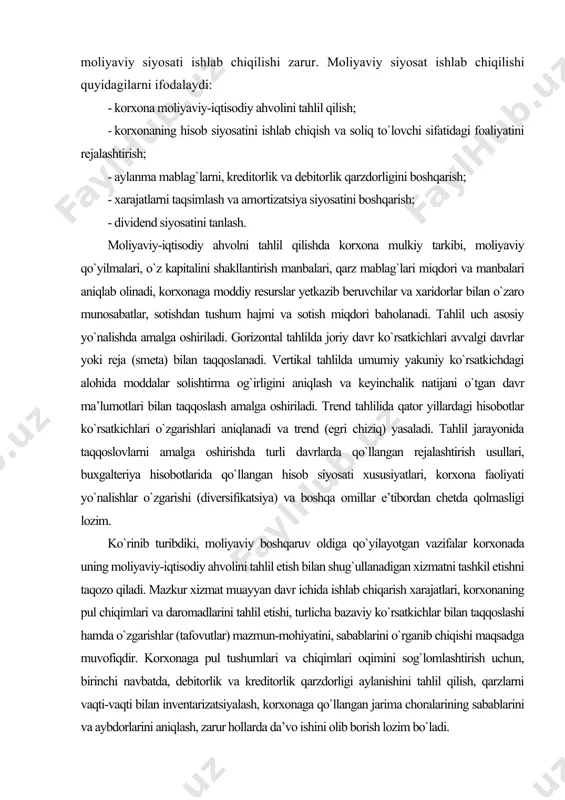 da ishlab chiqarish xarajatlari, korxonaning pul chiqimlari va daromadlarini tahlil etishi, turlicha bazaviy ko`rsatkichlar bilan taqqoslashi hamda o`zgarishlar (tafovutlar) mazmun-mohiyatini, sabablarini o`rganib chiqishi maqsadga muvofiqdir. korxonaga pul tushumlari va chiqimlari oqimini sog`lomlashtirish uchun, birinchi navbatda, debitorlik va kreditorlik qarzdorligi aylanishini tahlil qilish, qarzlarni vaqti-vaqti bilan inventarizatsiyalash, korxonaga qo`llangan jarima choralarining sabablarini va aybdorlarini aniqlash, zarur hollarda da’vo ishini olib borish lozim bo`ladi. mamlakatimizda amalga oshirilayotgan iqtisodiyotni erkinlashtirish strategiyasi doirasida so`nggi paytlarda korxonalarga amortizatsiya siyosatini tanlashda muayyan imkoniyatlar yaratib berilmoqda. korxona jadallashtirilgan amortizatsiyasini qo`llashi va shu yo`l bilan xarajatlarni oshirishi mumkin. bu mahsulot tannarxiga va baho siyosatiga, mol-mulk solig`i va foyda solig`iga ta’sir ko`rsatadi. aksiyadorlik jamiyati sifatida faoliyat ko`rsatuvchi korxonada dividend siyosati ishlab chiqilishi zarur bo`ladi. bu, bir tomondan, mulkdorlar manfaatini himoya qilishga qaratilgan bo`lsa, ikkinchi tomondan korxonaning bo`lajak investorlar uchun jozibadorligini oshirish maqsadlariga xizmat qiladi. ayni paytda, korxona egalari manfaatlari faqat dividendlar olishdan iboratdir deb, tasavvur qilish to`g`ri bo`lmaydi. foydaning …