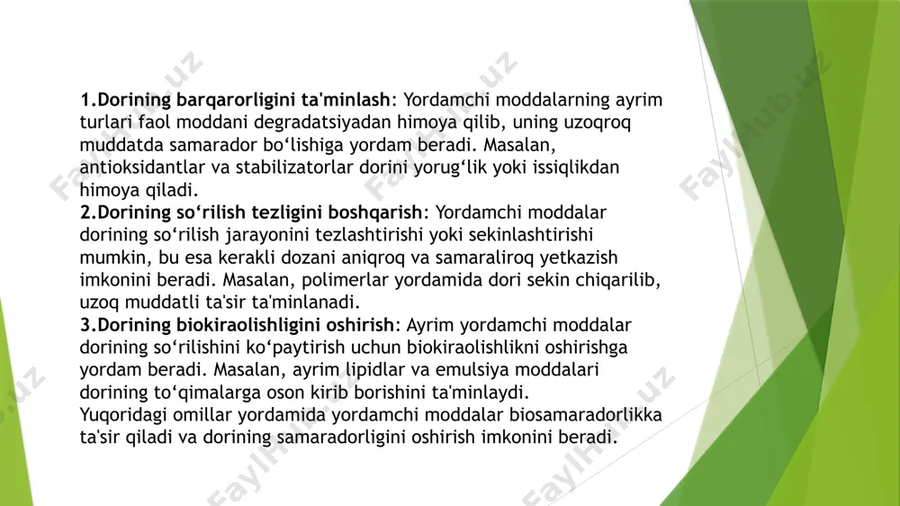 orsulfazol, efedrin gidroxloridi, teturam, izoniazid, pask, ftivazid, furazolidon, butadion kabi shamchalarda farmokinetikaga asoslarning turi ta’sirini o‘rgangan. hattoki, asosga ozgina miqdorda dimetilsulfoksid (dmso) kiritilishi ta’sir etuvchi moddalarning absorbsiya tezligining birdaniga oshishiga olib kelgan yangi asoslarning ishlab chiqarish tufayli surtmalarning terapevtik ta’siri haqidagi tassavurlar o‘zgardi. emulsiya tipidagi asoslarning qo‘llanilishi dori moddalarning teri orqali nisbatan oson diffuziyasini ta’minlaydi va dori moddalarining yog‘li va suvli fazaga kiritilish imkoniyatini oshiradi. masalan, oqsil preparatlari, gelsimon tuzilishli, yumb eritmalari oshqozon-ichak traktida dori moddalarning rezobsiyasini qiyinlashtiradi (almagel). vazelinda tayyorlangan surtmalar faqat teri yuzasida ta’sir ko‘rsatadi, vazelin teri orqali yomon so‘riladi va o‘z navbatida dori moddalarining so‘rilishiga ta’sir ko‘rsatadi (sulfanilamid surtmalari, fenollar, antibiotiklarva boshqalar). vazelin-lanolin asosini polietilenglikol bilan almashtirilishi “levosin” surtmasini antimikrob ta’sirini 20-80 marotabaga oshirish imkoniyatini berdi. bu surtmada , g.s.bashur va v.i.bagdanov tomonidan levomitsetinga polietilenglikol- 400ning (peg-400) potensiyalovchi effektidan qo‘llanilganligi kashf etilgan. levometsitinning peg-400da erishi tufayli unga har xil mikroorganizmlarningsezgirligi oshadi (vuda stafilokoklar va sena tayoqchalari 62 …