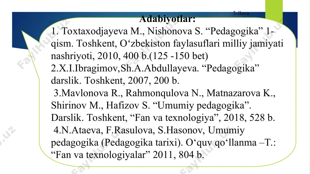 larni berish darslari; 3) bilimlarini mustahkamlash va takrorlash darslari; 4) o‘rganilganlarni umumlashtirish va tizimlashtirish darslari; 5) malaka va ko‘nikmalarni ishlab chiqish va mustahkamlash darslari; 6) bilimlarni tekshirish va tahlil qilish darslari; 7) bitta asosiy didaktik maqsadga ega darslar zamonaviy darslarning asosiy turlari noan’anaviy darslar. xx asrning 70-yillarida o‘quvchilarning darslarga qiziqishlarining pasayish xavfi aniqlandi. xavfni bartaraf etish uchun nostandart darslarning tashkil etishga e’tibor qaratildi. asosiy turlari rolli o‘yinlar, matbuot konferensiyalari, ijodiy hisobotlar, musobaqalar, kvn turidagi o‘yinlar, tanlovlar, teatrlashtirilgan darslar, binar darslar, kompyuterli darslar, fantaziyalar, “sudlar”, haqiqatni izlash, “paradokslar”, auksionlar, dialoglar va b.sh. noan’anaviy dars turlari yordamchi turlari to‘garak; praktikum; seminar; konferensiya; maslahat (konsultatsiya); fakultativ mashg‘ulot; o‘quv ekskursiyalari; o‘quvchilarning mustaqil uy ishlari va b.sh. zamonaviy darslarning yordamchi turlari darsga tayyorlanishning texnologik mohiyati. darsning samaradorligi uning puxta tayyorlanganligi va samarali tashkil etilganligi bilan bog‘liq. yaxshi rejalashtirilmagan, yetarlicha o‘ylab chiqilmagan, shoshilinch tuzilgan va o‘quvchilar imkoniyatlariga moslashtirilmagan dars sifatli bo‘la olmaydi. darsga tayyorgarlik aniq sharoitlarda …