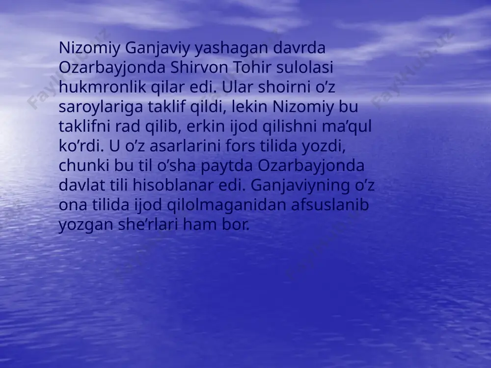 asrlarda qanday taxqirlagani ko’rsatib berilgan. 4. "haft paykar" dostoni (1196) alovuddin ko‘rpa arslonning topshirig‘i bilan yuzaga kelgan. bahrom goʻr va uning nomi bilan bogʻliq voqealarga asoslangan «haft paykar» bahrom va fitna sarguzashtlariga bag‘ishlangan asar bo‘lib, doston voqealariga bog‘lanmaydigan besh hikoya berilgan. , bu asar hikoya ichida hikoya usulida yozilgan. shoh bahrom yetti mamlakat podshohlarining yetti qiziga uylangan. ularga yettita qasr qurdirgan. xaftani yetti kuni yetti go’zaldan sevgi, sadoqat, mardlik kabi mavzularda yetti hikoya eshitadi. keyin shoh bahrom donishmand cho’pondan o’z vaziri rost-ravshanning sotqin va zolim ekanligini bilib qoladi. uni zindonband etib, u qamatgan mahbuslarni ozod qiladi. yetti mahbusning hikoyasini tinglagan bahrom xatolariga tushunib, mamlakatni adolat bilan idora qiladi. lekin yana bahromning bazm, sarguzashtlari boshlanib, o’zi fojiali halok bo’ladi.asar so‘nggida bahrom ov izidan g‘orga kirib ketib qaytib chiqmaydi. nizomiyning bu dostonidagi daraxt shoxiga osib qo‘yilgan it hikoyasida bahromshoh xiyonatkorlikdan, adolatsizlik kuchayayotganidan ogohlantiriladiasar hikoya ichida hikoya tarzida yozilgan boʻlib, ularda inson tarbiyasi, …