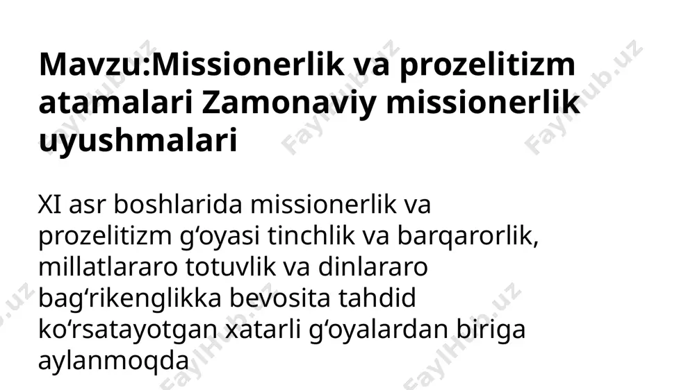 viy informasion texnologik vosita, usullar ishga solinadi. bunda kishilar ruhiyati, ongiga psixologik, neyrolingvistik ta’sir ko‘rsatishga alohida e’tibor beriladi. yuqorida keltirilgan fikrlarga asoslanib xulosa qiladigan bo‘lsak, turli manba va adabiyotlarda bayon etilgan ta’riflar bir-biriga juda yaqin va o‘xshashdir. umuman olganda «missionerlik» — bu bir dinga e’tiqod qiluvchi xalqlar, elatlar, millatlar orasida boshqa bir dinni har xil ijtimoiy vosita va omillar orqali targ‘ib qilish va singdirishga qaratilgan xavfli siyosiy faoliyatdir. chunki uning bugungi kungacha bo‘lgan davrdagi yashirin mohiyati xavfli siyosiy faoliyat ekanligini ko‘rsatib, bir qancha davlatlarda yillar davomida siyosiy beqarorlikni keltirib chiqargan. hozirgi kunda missionerlik harakati fuqarolar o‘rtasida ijtimoiy munosabatlarning keskinlashuviga olib kelib, ular o‘z tashkiliy asoslarini yaratishda asosan nashriyotlar, xayriya, tibbiy yordam ko‘rsatish va nodavlat, notijorat tashkilotlari maqomidan foydalanib, ba’zi tashkilotlar tibbiy uyushmalar niqobi ostida faoliyat yuritmoqda va odatdagidek missionerlar qarorgohi hududida cherkov, kichik butxona yoki masjid, missioner-monaxlar yotoqxonasi joylashgan bo‘lib chiqmoqda. missionerlarning ko‘zlagan maqsadlari faqat siyosiy bo‘lib, bugunda demokratiyaga oid …