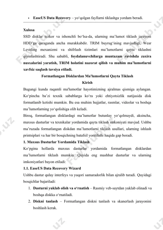 kanerlash. 4. natijalarni tekshirish va tiklash. 1.3. r-studio ushbu dastur chuqur skanerlash va murakkab formatlangan disklardan ham ma’lumot tiklash imkoniyatini beradi. 1. dasturni o‘rnatish va ishga tushirish. 2. diskni tanlash va "deep scan" rejimini ishga tushirish. 3. topilgan fayllarni ko‘rib chiqish va tiklash. 2. buyruq qatori yordamida tiklash (windows) windows operatsion tizimida maxsus buyruqlar yordamida ba’zi holatlarda ma’lumotlarni qayta tiklash mumkin. 2.1. chkdsk buyrug‘i chkdsk (check disk) buyrug‘i diskda buzilgan sektorlardan ma’lumotlarni qayta tiklash uchun ishlatiladi. 1. "win + r" tugmalarini bosib, "cmd" ni yozing va enter bosing. 2. buyruqni kiriting: 3. chkdsk x: /f (bu yerda x – formatlangan disk harfi). 4. tizim diskni tekshiradi va aniqlangan muammolarni tuzatadi. 2.2. attrib buyrug‘i agar ma’lumotlar shunchaki yashirin yoki o‘chirilgan bo‘lsa, quyidagi buyruq yordamida tiklash mumkin: 1. "cmd" ni administrator sifatida ishga tushiring. 2. quyidagi buyruqni bajaring: 3. attrib -h -r -s /s /d x:\*.* 4. fayllarni tekshirib, kerakli joyga saqlab …