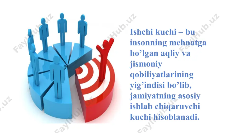 ajasini ifodalovchi koʻrsatkichdir. nominal va real ish haqi koʻrsatkichlari mavjud. nominal ish haqi yollanma xodimning oʻz mehnati evaziga olgan pul daromadalari. real ish haqi xodimning olgan ish haqiga qancha va qanday isteʼmol buyumlari sotib olishi va madaniy-maishiy xizmatlardan foydalanish mumkinligini koʻrsatadi. boshqacha aytganda real ish haqi — bu nominal ish haqining „xarid etish“ qobiliyati. real ish haqi boshqa sharoitlar bir xil boʻlganda, nominal ish haqiga toʻgʻri mutanosibdir va isteʼmol buyumlari va xizmatlar narxining darajasiga teskari mutanosibdir. ijtimoiy ishlab chiqarishda band bo’lgan va ishlashga tayyor bo’lib, ish izlab turgan shaxslar ishchi kuchi resurslarining faol qismi hisoblansa, ishlab chiqarishdan ajralgan holda o’qiyotganlar va vaqtinchalik uy xo’jaligida, boshqa har xil ishlarda band bo’lganlar potentsial qismi hisoblanadi. добавить нижний колонтитул 9 aholining tabiiy o’sishi – bu aholining emigratsiya (fuqarolarning o’z mamlakatlaridan boshqa mamlakatlarga ko’chib o’tishi) va immigratsiya (xorijiy fuqarolarning doimiy yashash uchun mamlakatga ko’chib kelishi)dan tashqari harakatini ifodalaydi. u quyidagi umumiy koeffitsientlar orqali aniqlanadi: …