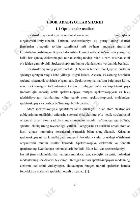 giya sathlarini aniqlaydilar. ionlangan atomlarning spektrlari 0.2-200 nm to‘lqin uzunliklar diapazonida, neytral atomlar va molekulalar 200-700 nm diapazonda nurlanadi. organik molekulalar spektrlari infraqizil diapazonda joylashgan, atomlarning mustahkam bog‘langan ichki elektronlari energiyasi 100 kev gacha energiyali ?-kvantlar yordamida tadqiq qilinadi. atomlarning sathlar orasidagi kichik energiyali o‘tishlaridagi nurlanishlarni olimlar radiotexnika vositalari bilan muvaffaqiyatli tadqiq qiladi. lazerlar paydo bo‘lishi bilan spektroskopiyaning yangi bo‘limi - lazer spektroskopiyasi vujudga keldi. o‘zgartiriluvchi chastotali lazerlar yordamida atom yoki molekulaning yetarlicha muayyan sathini uyg‘otishga mos nurlanish chastotasini tanlash mumkin. bunda, odatdagi manbalarni yorug‘lik bilan uyg‘otishda bo‘lganidek, boshqa kvant holatlar uyg‘otilmaydi. o‘zgartiriluvchi chastotali lazerlar spektral tahlilning chegaraviy sezgirligiga erishish - elementning, aytaylik, 1sm3gaz hajmida 100 atom konsentratsiyali atomlarni oshkor qilish imkonini beradi [3]. radiospektroskopiya — qattiq, suyuq va gaz holatdagi moddalarni tadqiq qilish usullari majmui. radiotoʻlqinlarning nurlanishi va rezonans yutilish spektrlarini oʻrganishga asoslanadi. dastlab (1933) ammiakning inversion (qarang inversiya) spektrini tadqiq qilishda qoʻllanilgan. optik spektroskopiya, infraqizil spektroskopiya va myossbauer …