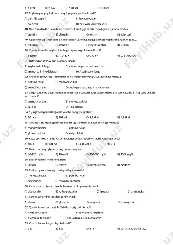 0 % d) 5 % 40. oqsillarni parchalovchi fermentlarning umumiy nomi a) lipazalar b) amilazalar c) proteazalar d) karbogidrazalar 41. organizmda zahira bo’lib tuplanmaydigan va azot tutadigan modda a) lipazalar b) uglevodlar c) yoglar d) oqsillar 42. to’la qiymatli oqsillar tarkibida... a) almashinmaydigan aminokislotalar ko’p bo’ladi b) almashinmaydigan aminokislotalar kam bo’ladi c) almashinadigan aminokislotalar va azot bo’ladi d) fakat almashinadigan aminokislotalar bo’ladi 43. to’la qiymatsiz oqsillar tarkibida... a) almashinmaydigan aminokislotalar ko’p bo’ladi b) almashinmaydigan aminokislotalar va azot bo’ladi c) asosan almashinadigan aminokislotalar bo’ladi d) tugri javob yuk 44. yoglarning tarkibi nimadan iborat? a) yog kislota va glitserin b) aminokislota va glitsin c) monosaxaridlar d) oligosaxaridlar 45. xolesterin qaysi yog tarkibida kuprok uchraydi? a) o’simlik yoglari b) hayvon yoglari c) baliq va o’simlik yogi d) zigir yogi 46. 1 g yog parchalanganda kancha kkal energiya ajraladi? a) 1 kkal b) 2 kkal c) 9,3 kkal d) 8,5 kkal 47. tuyinmagan yog …