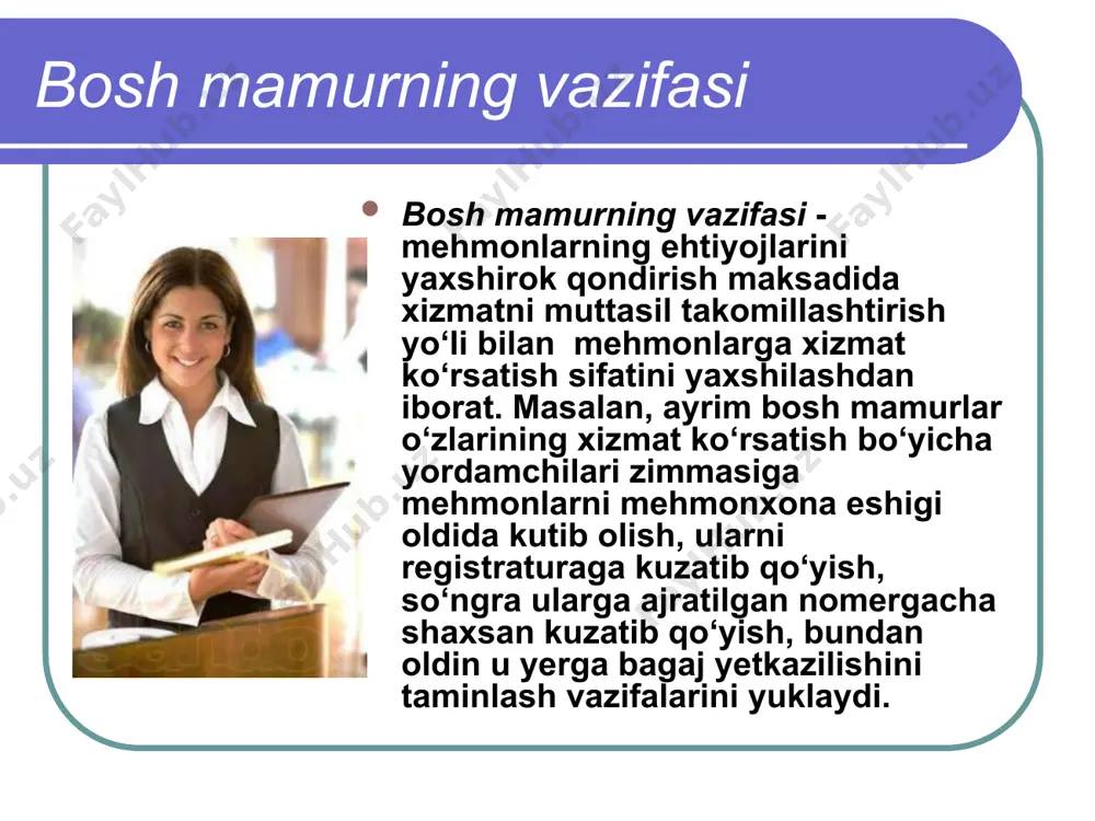 boshkaradi. mehmonlar o‘rtasida o‘tkazilgan barcha so‘rovlar mamuriy-xo‘jalik xizmatining muximligini ko‘rsatadi. tozalik va batartiblik mehmonlarning barcha talablari orasida birinchi o‘rinni egallaydi. tajribali kastelyan (xizmat direktori) o‘z ishida quyidagi o‘n qoidaga amal qiladi. mehnat resurslaridan samarali foydalanish. ish o‘z vaktida bajarilishiga erishish uchun topshiriklarni qo‘l ostidagi xodimlar o‘rtasida taksimlab, ularning har biriga muayyan topshirik berib, zimmasiga majburiyat yuklash. bajarilgan ish to‘g‘risida hisobot berishning okilona usullarini uylab topish. qo‘l ostidagi xodimlar ishini muttasil nazorat kilish. og‘ir mexnat talab etadigan ishlarni standartlashtirishga harakat kilish. qo‘l ostidagi xodimlarga o‘z ishini aniq va puxta bajarishiga yordam berish. vaqti-vaqti bilan inventarizatsiya o‘tkazib turish. asbob-uskunalar va mavjud materiallarning qiymatini nazorat kilish. qo‘l ostingdagilarga namuna bo‘lish. mehmonlar va boshliklar kastelyan xizmati oldiga qo‘yadigan muammolardan buyin tovlamaslik. bosh mamur ofisi nafaqat barcha bo‘sh nomerlarni sotish, balki nomer o‘rtacha kunlik qiymatining oqilona darajasiga erishish haqida ham o‘ylashi lozim. bu rakam kun davomida topshirilgan barcha nomerlarda bir kunlik yashash haqini qo‘shish va …