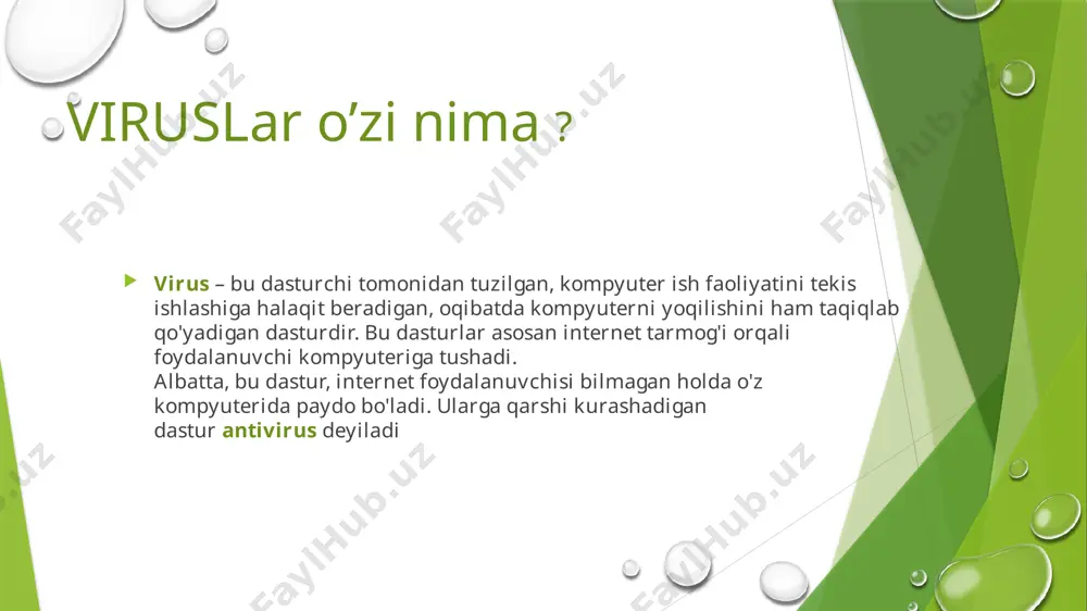 valchang viruslar (worms) – chuvalchang viruslar o'z nomiga mos ravishda juda tez o'z-o'zidan ko'payadigan viruslardir. odatda bu viruslar internet yo'li intranet tarmoqlari orasida tarqaladi. tarqalish usuli sifatida elektron xatlar yoki boshqa tez tarqaluvchi mexanizmlardan foydalanadi. ular haqiqatan ham kompyuteringizdagi ma'lumotlar va kompyuter xavfsizligiga katta ziyon yetkazadi. chuvalchang viruslar operatsion tizimning nozik joylaridan foydalanish yoki zararlangan elektron xatlarni ochish yo'li bilan kompyuteringizga o'rnashib olishi mumkin. boot sektor viruslari (bootsector viruses) – bu viruslar kompyuterning ishlay boshlashi (загрузка) uchun foydalaniladigan qattiq diskning maxsus qismini ishdan chiqaradi. bu virus kompyuteringizni zararlaganidan keyin, kompyuter ishlamay qolishi mumkin. odatda floppy disklar orqali tarqaladi. makro viruslar (macro viruses) – macro viruslar bu – o'zlarining tarqalishi uchun boshqa bir dasturning makro dasturlash tilidan foydalanadigan viruslardir. ular odatda microsoft word yoki excel hujjatlarini zararlaydi. rootkit viruslari (rootkit viruses) – rootkitlar viruslar orasida o'zlarining eng xavfliligi va yashirinishga ustaligi bilan alohida ajralib turadi. rootkitlar kompyuteringizni yovuz hakerlar tomonidan qo'lga …