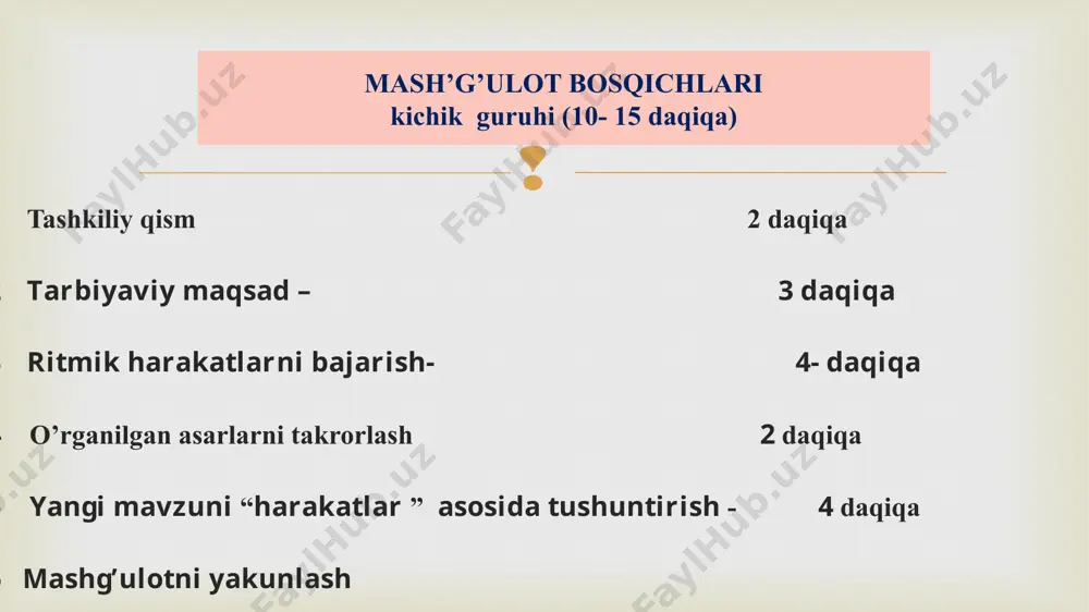 g’ularini so’z va harakat bilan ifoda etish shakllanadi. tengdoshlari bilan birgalikda erishgan yutuqlari bilan quvonishga o’rganishadi. bayramlarda, ko’ngil ochar kechalar… maktabgacha tarbiya muassasida cholg’u sozlarining mavjudligiga qarab, kuy va qo’shiqlarni tanlab o’rgatish tavsiya etiladi. shuni ta’kidlash kerakki, turli yoshdagi bolalar musiqa tarbiyasida izchillik, muntazamlik, jo’shqin kayfiyat, xilma-xil uslub, musiqa rahbarlari va tarbiyachilar uchun asosiy omil bo’lib xizmat qiladi. maktabgacha tarbiya muassasida… ilk yosh guruhi (25-30 daqiqa) 1.“kuz” bayrami 30.10. dan 05.11. gacha 2.“archa” bayrami 25.12 dan 31.12.gacha 3.“gullar” bayrami 01.05 dan 10.05.gacha ko’ngil ochish soatlari yillik ish rejasi “hosil” bayrami 30.10. dan 05.11 gacha “archa” bayrami 25.12 dan 31.12 gacha “navro’z” bayrami30.03 dan 10.04 gacha “gullar” bayrami 01.05 dan 10.05 gacha “sog’lomjon va polvonjon” bayrami 01.06da “mustaqillik kuni” bayrami 25.08 dan 31.08 gacha kichik guruh (30-35 daqiqa) “mehrjon” bayrami 30.10. dan 05.11 gacha “yangi yil” bayrami 25.12 dan 31.12 gacha “vatan posponlari” bayrami 14.01 da “assalom navro’z” bayrami 30.03 dan …