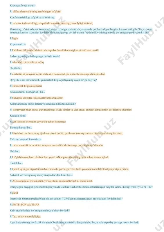 chta j: 3 kriptografiyada matn – j: alifbo elementlarining tartiblangan to’plami konfidentsiallikga to’g’ri ta`rif keltiring. j: axborot inshonchliligi, tarqatilishi mumkin emasligi, maxfiyligi kafolati; shaxsning, o’zini axborot kommunikatsiya tizimiga tanishtirish jarayonida qo’llaniladigan belgilar ketma-:ketligi bo’lib, axborot kommunikatsiya tizimidan foydalanish huquqiga ega bo’lish uchun foydalaniluvchining maxfiy bo’lmagan qayd yozuvi – bu? j: login kriptoanaliz – j: kalitlarni bilmasdan shifrni ochishga bardoshlilikni aniqlovchi shifrlash tavsifi axborot qanday sifatlarga ega bo’lishi kerak? j: ishonchli, qimmatli va to’liq shifrlash – j: akslantirish jarayoni: ochiq matn deb nomlanadigan matn shifrmatnga almashtiriladi qo’yish, o’rin almashtirish, gammalash kriptografiyaning qaysi turiga bog’liq? j: simmetrik kriptosistemalar foydalanishni boshqarish –bu... j: subyektni obyektga ishlash qobilyatini aniqlashdir. kompyuterning tashqi interfeysi deganda nima tushuniladi? j: kompyuter bilan tashqi qurilmani bog’lovchi simlar va ular orqali axborot almashinish qoidalari to’plamlari kodlash nima? j: ma’lumotni osongina qaytarish uchun hammaga tarmoq kartasi bu... j: hisoblash qurilmasining ajralmas qismi bo‘lib, qurilmani tarmoqqa ulash imkoniyatini taqdim etadi. elektron raqamli …