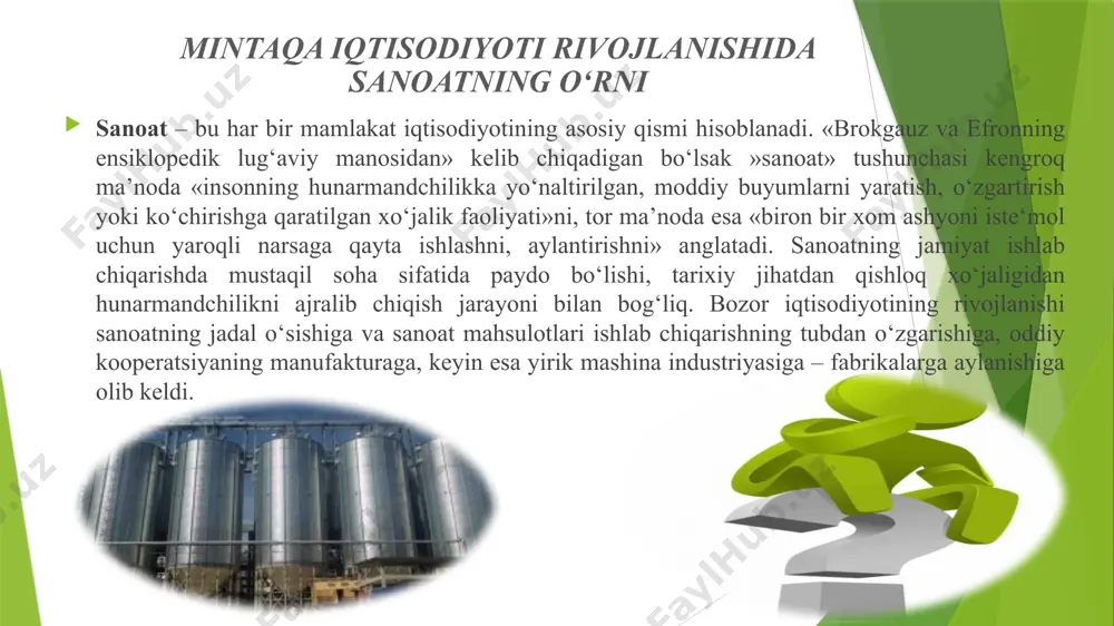 oyalar va texnologiyalarni keng joriy etish natijasida, elektr uskunalar, kompyuterlar, elektron va optik mahsulotlar, avtotransport vositalari, kimyo mahsulotlari, mashina va uskunalar, farmatsevtika mahsulotlari va preparatlar ishlab chiqarish kabi yuqori va o‘rta texnologik sanoat tarmoqlarining shakllanishi va rivojlanishi ta‘minlandi, va ularning ulushi jami sanoat ishlab chiqarish tarkibida 19,1 %ni tashkil etdi. o‘zbekiston respublikasida uchun sanoatning sektsiyalari bo‘yicha sanoat ishlab chiqarish hajmi mintaqada sanoat ishlab chiqarishning ijtimoiy ixtisoslashuvi mamlakat ishlab chiqarish kuchlarining rivojlanishiga ularni umumlashtirish va ijtimoiy mehnat taqsimoti jarayonlari sezilarli ta‘sir ko‘rsatadi. sanoatni kontsentratsiyalashtirish va kombinatsiyalashtirish ijtimoiy mehnatni yirik korxonalarda mujassamlashtirishni ifodalasa, ixtisoslashtirish hamda kooperativlashtirish esa sanoat tarmoqlari tarkibida mehnat taqsimoti va ularning hamkorligini ifodalaydi. mehnat taqsimotining rivojlanish darajasi va uni umumlashtirish jamiyat ishlab chiqarish kuchlari hamda munosabatlarining takomillashishida o‘z aksini topadi. ishlab chiqarishni tashkil etishning bu shakllari mustaqillik tufayli va milliy iqtisodiyotni isloh etish, erkinlashtirish munosabati bilan o‘z mohiyati va mazmunini, maqsad ia vazifalarini anchagina o‘zgartirdi. ayniqsa ishlab chiqarishni kontsentratsiyalashtirish, …