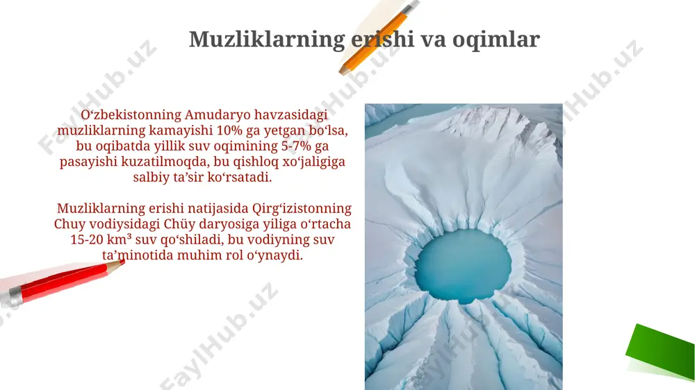 kelib 1 metrdan koʻproq koʻtarilishini taxmin qilish mumkin va qirgʻoq boʻyidagi shaharlarni suv bosishiga olib kelishi mumkin. muzliklarning erishi, masalan, himoloy togʻlaridagi muzliklarning kamayishi, yillik 10-15% ga yetib, mintaqadagi daryolarga oqib tushadigan suv oqimini sezilarli darajada kamaytiradi va 1 milliarddan ortiq odamni ta'sir qiladi. muzliklar bo'yicha tadqiqotlar tyan-shan tog'laridagi inylchek muzliklari bo'yicha 1950-yildan boshlab olib borilgan kuzatishlar muzlik maydonining 20% ga kamayganligini va bu o'zgarishlarning iqlim o'zgarishi bilan bog'liqligini tasdiqlaydi. o'zbekistonning pomir tog'laridagi fedchenko muzliklarida o'tkazilgan tadqiqotlar, muzlikning yillik o'rtacha 0.5-1 metrga chekinayotganini va bu jarayonning 2000-yillardan buyon tezlashganini ko'rsatdi. muzliklar va inson faoliyati muzliklarning 70% dan ortig'i o'zbekistonning tog'li hududlarida, xususan, pomir-oloy va tian-shan tog' tizmalarida joylashgan bo'lib, ularning erishi 2050 yilga borib, amudaryo va sirdaryo havzalariga 15% gacha suv ta'minotining kamayishiga olib kelishi mumkin. hindistonning himoloy tog'laridagi gangotri muzligi kabi yirik muzliklarning erishi natijasida 20 million kishini suv bilan ta'minlash xavfi ostida qolmoqda, bu esa mintaqaviy iqtisodiyotga jiddiy …