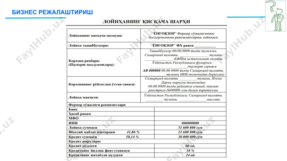 вчи (мутахассис), 1 та ишчи ва 1 та қоровул. ишчиларининг иш вакти 8 соатлик ҳафтасига 7 иш куни тартибида ташкил этилиб, эрталаб соат 8:00 дан кеч соат 17:00 гача (тушлик 13:00 дан 14 :00 гача) иш вакти хисобида бўлади. ишчи кучи учун тўланадиган иш хаки бир ойда 3 кишига 1 750 000 сўмни ташкил қилади. лойиханинг энерго ресурсларига булган талаби самарқанд вилояти пастдарғом тумани машал массивида боғдорчилик билан шуғулланиш учун барча шароитлар мавжуд. бундан ташқари ушбу жой автомобил транспорти воситалари қатнови учун қулай ҳисобаланди. солиқлар ва бошка йиғимлар лойихага асосан солик туловлари асосан икки турда булиб, бири ишчилар иш хақидан солик тўловлари ва иккинчиси тадбиркорлик фаолияти билан шуғулланганлик учун ягона солик тўловидан иборат. барча солиқ тўловларининг хисоби молиявий бўлимда келтирилган. 13 бизнес режалаштириш 14 бизнес режалаштириш 15 бизнес режалаштириш бизнес режалаштириш бизнес режалаштириш image1.jpeg image2.png image3.jpeg image4.jpeg image5.jpeg image6.jpeg image7.png image8.png image9.png image10.png image11.png image12.jpeg image13.jpeg image14.jpeg image15.jpeg image16.jpeg image17.jpeg …
