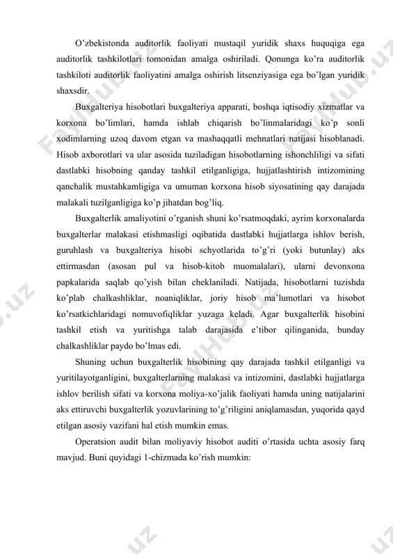 erilish sifati va korxona moliya-xo’jalik faoliyati hamda uning natijalarini aks ettiruvchi buxgalterlik yozuvlarining to’g’riligini aniqlamasdan, yuqorida qayd etilgan asosiy vazifani hal etish mumkin emas. operatsion audit bilan moliyaviy hisobot auditi o’rtasida uchta asosiy farq mavjud. buni quyidagi 1-chizmada ko’rish mumkin: 1-chizma. operatsion audit bilan moliyaviy hisobot auditi o’rtasidagi farqlar. auditorlik tekshiruvlari ishlab chiqarishni rejalashtirish va tashkil etish, korxonadagi tartib, mehnat va texnologik intizomni, tovar-moddiy zahiralarning omborlar va boshqa saqlash joylaridagi hisobi, mulklarning saqlanishi, hisob-kitoblar holati va korxona moliya-xo’jalik faoliyati hamda uning natijalariga sezilarli ta’sir ko’rsatadigan boshqa ko’plab holatlarni qamrab oladi. shuning uchun auditorlik hisobotida korxona moliya-xo’jalik faoliyati va uning natijalariga bevosita ta’sirko’rsatadigan, hamda hisob ma’lumotlari va hisobot ko’rsatkichlari ishonchliligini pasaytirishiga olib keladigan, mehnatni va ishlab chiqarishni tashkil etishdagi katta kamchiliklarni bartaraf etishga qaratilgan tavsiyalar berilishi lozim. agar audit oldiga xo’jalik tizimiga yuqori samaradorlik va mehnat unumdorligi darajasiga chiqish uchun yordam berish maqsad qilib qo’yilgan bo’lsa, ichki xo’jalik auditorlarining kuchi bilan …
