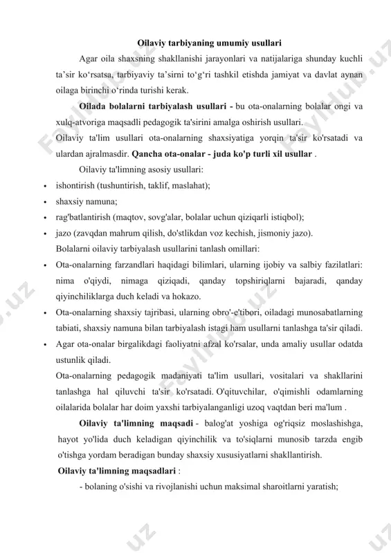 un sharoit yaratish. kundalik faoliyat va muloqot jarayonida bolalarning rivojlanishi. oila tarbiyasining eng umumiy tamoyillari quyidagilardan iborat: oila tarbiyasi - bu muayyan oila sharoitida ota-onalar va qarindoshlarning sa'y-harakatlari bilan rivojlanadigan tarbiya va ta'lim tizimi. oilada tarbiya mazmuni demokratik jamiyatning umumiy maqsadi bilan belgilanadi. oila jismonan va ruhan sog'lom, axloqiy, intellektual rivojlangan, kelgusi mehnat, ijtimoiy, oilaviy hayotga tayyor shaxsni shakllantirishga majburdir. oila tarbiyasining mazmuni barcha sohalarni qamrab oladi. oilada bolalarning jismoniy, estetik, mehnat, aqliy va axloqiy tarbiyasi amalga oshiriladi va u yoshdan yoshga qarab o'zgaradi. asta-sekin ota-onalar, bobo-buvilar, qarindoshlar bolalarga atrofdagi dunyo, tabiat, jamiyat, ishlab chiqarish, kasb-hunar, texnika haqida bilim beradi, ijodiy faoliyat tajribasini shakllantiradi, ma'lum intellektual qobiliyatlarni rivojlantiradi va nihoyat, ularda dunyoga munosabat, odamlar, kasb, umuman hayot. oila tarbiyasida axloqiy tarbiya, eng avvalo, xayrixohlik, mehr-oqibat, kattalarga va zaiflarga e'tibor va rahm-shafqat, halollik, ochiqlik, mehnatsevarlik kabi fazilatlarni tarbiyalash alohida o'rin tutadi. oilaviy ta'limning tarkibiy qismlari: - jismoniy - sog'lom turmush tarziga …
