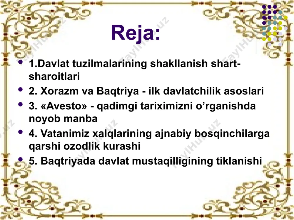 at qiladi. tadqiqotchilar bu davlatlarining shakllanish jarayonini axmoniylargacha bo`lgan davrda deb xisoblaydilar va mil. av. ix-vii asrlar deb belgilaydilar. katta xorazm davlati tarkibiga amudarening quyi oqimidagi shimoliy arlar, murg`ab vahosi va parfiya xududlari, baktriya davlati tarqibiga esa xozirgi surxandaryo, tojikistonning amudaryoga yoki yerlar va shimoliy afganiston xududlari, sug`diena — zarafshon daryosidan suv ichgan yerlar va qashqa vahosi xududlari kirgan. markaziy osiyo xalqlari mil. avv. vi-iv asrlarda, ya`ni qarayib 200 yil mobaynida eron ahamoniylari xukumronligi ostida yashodilar. faqat mil.avv. iv asrlarga kelib ahamoniylarning mrakaziy hokimiyati kuchsizlana boshlagan, zulm asoratida bo`lgan xalqlar o`z mustaqilliklariga erishish imkoniyatiga ega bo`ldilar. markaziy osiyoda o`z mustaqilligiga birinchilar qatorida xorazm vohasi erishdi. iskandor zulqarnayn eronning asosiy viloyatlarini bosib olgach, il.avv.329 yilning bahorida xindikush tog`idan oshib markaziy osiyo hududlariga kirib keladi. bosqinchilarga qarshi umum xalq uruushi e`lon qilgan baktriyaliklar, so`g`ienaliklar va skiflar uch yil davomida dushman bilan mardonavor jang qiladilar. xalqning yunon-markazi bosqinchilariga qarshi kurashiga mahalliy sarkordalardan bo`lgan …