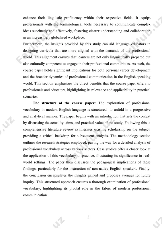 ding a critical backdrop for subsequent analysis. the methodology section outlines the research strategies employed, paving the way for a detailed analysis of professional vocabulary across various sectors. case studies offer a closer look at the application of this vocabulary in practice, illustrating its significance in real-world settings. the paper then discusses the pedagogical implications of these findings, particularly for the instruction of non-native english speakers. finally, the conclusion encapsulates the insights gained and proposes avenues for future inquiry. this structured approach ensures a thorough examination of professional vocabulary, highlighting its pivotal role in the fabric of modern professional communication. 1. historical development language is a human’s innate capacity that differentiates them from other creatures. language becomes human being characteristics since they use it to communicate ideas, thought, and feelings. it is a means to conduct a transaction in business as well as in government administration; it can also be …