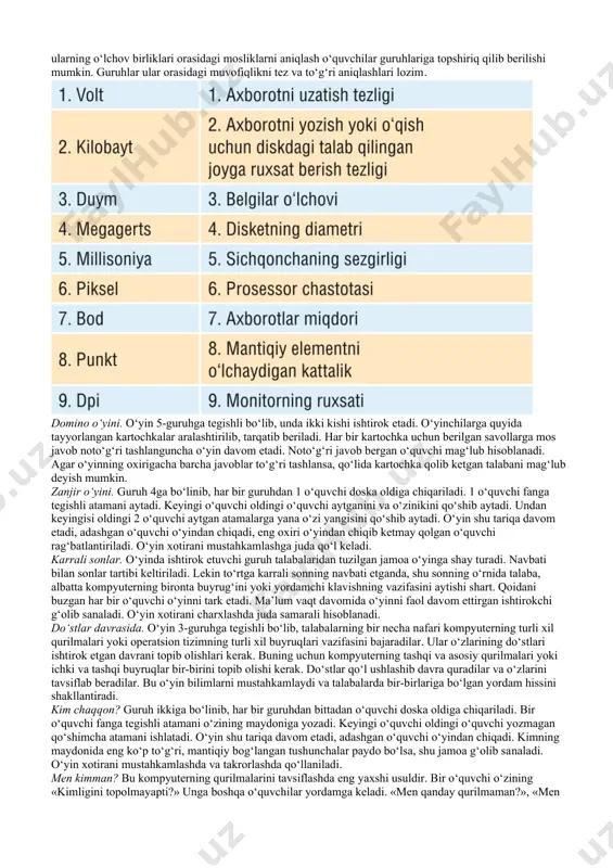 r. bunda o‘quvchi o‘yinchoq-predmet orqali moddiy olamni, ularning xususiyatini anglashi mumkin. 2-guruh. intellektual faoliyatni shakllantiruvchi sujetli — rolli ijodiy o‘yinlar. masalan, «baxtli tasodif», «nima? qayerda? qachon?» va boshqalar. bunday o‘yinlar nafaqat ko‘ngil ochuvchi vosita, balki ulkan evristik va ishontiruvchi energiya manbaidir. 3-guruh. o‘quvchining aqliy qobiliyatini rivojlantiruvchi tayyor qoidalarga asoslangan didaktik o‘yinlar. qoidalarga ko‘ra, u o‘quvchidan anglashni, taqqoslashni, qismlarga ajratishni, umumlashtirishni, muhimi bilishni talab etadi. 4-guruh. kattalarning kasbiy faoliyatlarini ifodalovchi texnik-konstruktorlik o‘yinlari. ular o‘quvchida o‘z ishini rivojlantirish, zaruriy materialni yig‘ish, o‘zini va o‘zgalar faoliyatini tanqidiy baholash imkoniyatlarini hosil qiladi. mehnat faolligi bilish faolligiga undaydi. 5-guruh. psixik muhitda sodir bo‘luvchi intellektual o‘yinlar. o‘quvchilarning tayyorgarlik darajalarini ko‘rsatuvchi taqqoslash imkonini beruvchi, musobaqa asosida o‘tkaziladigan o‘yinlar. ular o‘zini shakllantirishga va demak, aqliy faollikka undaydi. yuqorida tavsiflangan o‘yinlarni o‘quv jarayonida qo‘llash natijasida o‘quvchilarni o‘quv bilim faoliyatlarini keng boshqarish imkoniyatlari hosil bo‘ladi. tajribalardan kelib chiqib, quyida informatika fanini o‘qitishda samarali qo‘llash mumkin bo‘lgan quyidagi o‘yinli texnologiyalardan namunalar …
