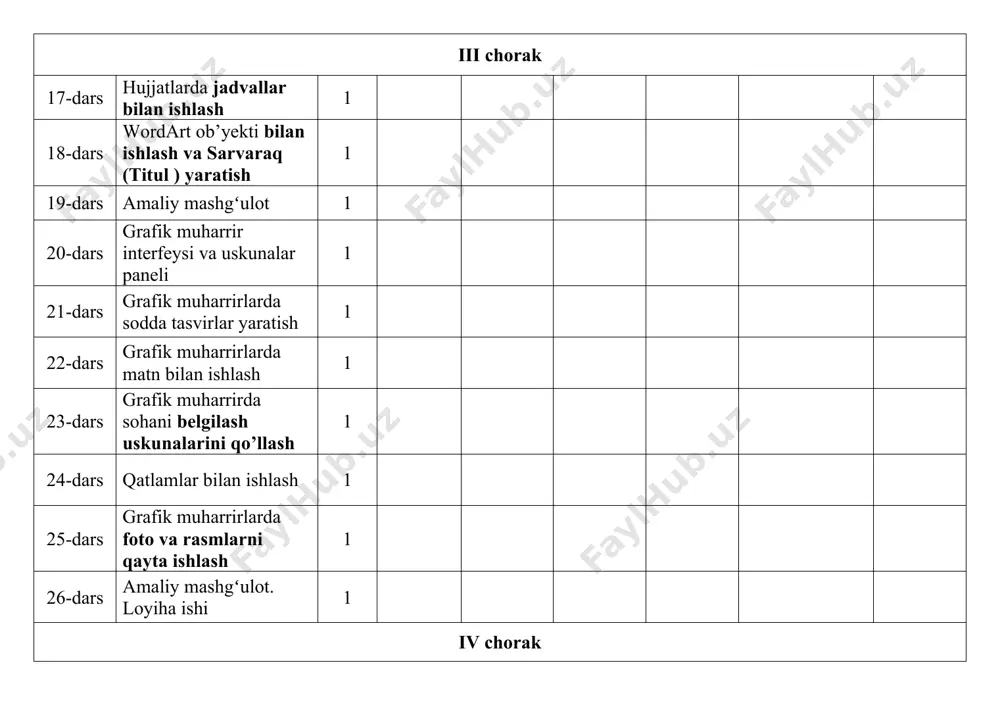 1 5-dаrs axborotlarni kodlash usullari 1 6-dаrs matnli axborotlarni kodlash. amaliy mashgʻulot 1 7-dаrs grafik axborotlarni 2 ta belgi yordamida ifodalash 1 8-dаrs tasvirlar hajmini hisoblash 1 9-dаrs mantiq asoslari. mantiqiy ifodalar va ularning qiymatlari 1 10-dаrs mantiqiy amallar va rostlik jadvallari 1 11-dаrs mantiqiy ifodalarni qayta ishlash 1 12-dаrs mantiqiy sxemalar (sodda va murakkab sxemalar) 1 13-dаrs nazorat ishi 1 14-dаrs masalalarni kompyuterda yechish bosqichlari 1 15-dаrs model va uning turlari 1 16-dаrs modellashtirishga oid masalalarni tahlil qilish 1 17-dаrs amaliy mashgʻulot 1 18-dаrs algoritm tushunchasi va uning xossalari 1 ii chorak 19-dаrs algoritm turlari va tasvirlanish usullari. blok-sxemalar 1 20-dаrs chiziqli algoritmlar 1 21-dаrs tarmoqlanuvchi algoritmlar 1 22-dаrs amaliy mashgʻulot 1 23-dаrs takrorlanuvchi algoritmlar 1 24-dаrs amaliy mashgʻulot 1 25-dаrs aralash (kombinatsiyalashgan) algoritmlar 1 26-dаrs amaliy mashgʻulot 1 27-dаrs nazorat ishi 1 28-dаrs dasturiy ta’minot va dasturlash tillari haqida 1 29-dаrs python dasturlash tilini oʻrnatish 1 30-dаrs python …