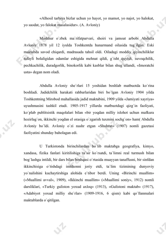 idorli yoshlarni to`pladi, ayrim rollarni ijro etishda o`zi ham qatnashdi. shoir afg`onistonda elchi bo`ldi, turli o`quv yurtida dars berdi. abdulla avloniyning hijron, nobil, indamas, shuhrat, surayyo, shapaloq, chol, ab, chegiboy degan taxalluslari bo`lgai. u 1934 yil 24 avgustda toshkentda vafot etdi. avloniy ijodi bo`yicha begali qosimov ilmiy izlanishlar olib borgan. asarlari: «advokatlik osonmi» (1914, qahramonlari: davronbek, xudoyberdi, uyini garovga qo`yib, qarz hisobiga uylangan egamberdi va boshqalar), «pinak» (1916), «biz va siz» (1917), «portugaliya inqilobi», «ikki muhabbat», «bo`ron» kabi pesalari, «tulki ila qarg`a» masali, «mardikorlar ashulasi», «vatan» (1916), «maktab», «bog`cha», «yalqov shogird tilidan», «tog`lardan bir manzara», «millatga xitob», «ishchilara tortuq», «ko`klam keldi», «tovush» kabi she`rlari, «maqsad va maslak» (1908 yil 9 aprel), «holimizga doir» (1908 yil 14 fevral) kabi maqolalari, «hasad balosi» majoziy hikoyasi va boshq. «turkiy guliston yoxud axloq» asari haqida «turkiy guliston yoxud axloq» 1913 yilda yozilgan bo`lib, u axloqiy-ta`limiy asardir. muallif bu kitob boshlanishiga «man xastayamu millatim o`lmish …