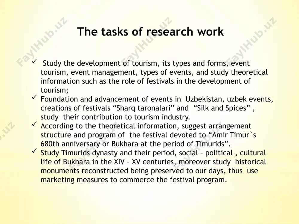 ents growth of both domestic and international tourism concluding the presentation of the thesis i would like to recommend following suggestions: strengthen the basis of events though establishment of event management companies; educate and train skilled personnel of this sphere, provide them conditions to improve the their qualification abroad; for increasing uzbek events, for further development of the tourism industry, promotion of the country organize festivals, thus show participants and visitors national customs and traditions; improve promotional measures as marketing mass media and social network for the attention of travelers to uzbek events; support researches and ideas in order to increase regional festivals and organize competition contests though out the country; promote the concept of festival devoted to the “680th anniversary of amir temur, or bukhara at the period of timurids”. thank you for your attention! image3.jpeg image4.gif image5.png image6.png image7.jpg image8.gif image9.png image10.png image11.png image12.gif