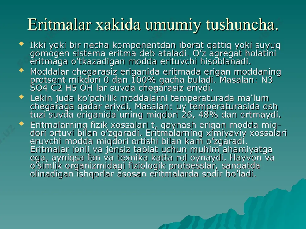 arrachalar holida taqsimlangan har qanday sistema dispers sistema deb ataladi (dispers grekcha «disperg» so’zidan olingan bo’lib tarqatmoqda). maydalangan modda sistemaning dispers fazosi deb, uni urab olgan modda esa dispertsion muhit deb ataladi. masalan: gilning suvdagi suspenziyasida gil zarrachalari dispers fazoni, suv esa disperzitsion muhitni tashkil etadi. dispers sistemalar har xil bo’ladi, chunki ularning fazolari moddalarning uch agregat holatining istagan holatida bo’lishi mumkin. dispertsion muhit gaz bo’lgan dispers sistemalar aerozollar deb ataladi. bulut, chang va tutunlar aerozollarga misol bo’ladi. kolloid eritmalar yoki zollar deb ultramikroskop yordamida paykaladigan zarrada kichik bo’lgan dispers sistemalarga aytiladi. kolloid eritmalar ba‘zi moddalarni, masalan, oqsil, jelatina va shunga o’xshash moddalarni suvga uzoq vaqt tegib turishi natijasida hosil qilinadi. ba‘zi moddalarning kolloid eritmalarini hosil qilish uchun, ular suyuqlikka qo’shib ezg’ilanadi. ximiyaviy reaktsiyalar natijasida ham kolloid eritmalar hosil bo’ladi. masalan: arsinat kislota eritmasiga ma‘lum vaqt vodorod sulfat yuborib turilsa. 2h3 aso3 + 3h2s = as2s3 + 6h2o mishyak (iii) …