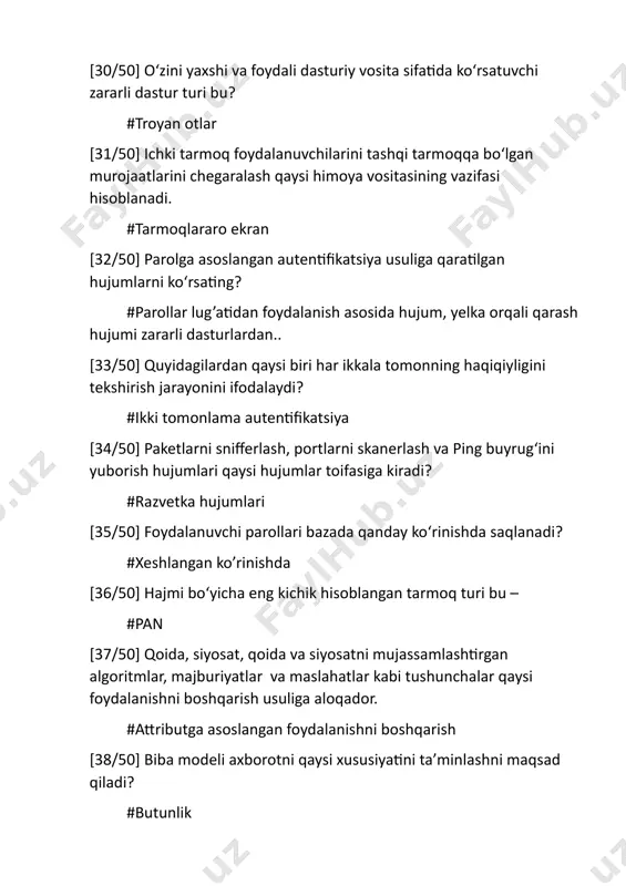 kompyuterning ishtirokisiz generatsiya qilinadi? #apparat 151------200 [1/51] paket filteri turidagi tarmoqlararo ekran vositasi nima asosida tekshirishni #tarmoq sathi parametrlari asosida [2/51] ochiq tarmoq yordamida himoyalangan tarmoqni qurish imkoniyatiga ega himoya vositasi bu? # virtual private network [3/51] axborotni foydalanuvchanligini buzishga qaratilgan tahdidlar bu? #ddos tahdidlar [4/51] tasodifiy tahdidlarni ko‘rsating? #texnik vositalarni buzilishi va ishlamasligi [5/51] signatura (antiviruslarga aloqador bo‘lgan) bu-? #fayllardan topilgan bitlar qatori. [6/51] rsa algoritmida ochiq kalit e=7, n=143 ga teng bo‘lsa, m=2 ga teng ochiq matnni shifrlash natijasini ko‘rsating? #128 [7/51] qaysi himoya vositasi tomonlarni autentifikatsiyalash imkoniyatini beradi? # virtual private network [8/51] ma’lumotni zaxira nusxalash nima uchun potensial tahdidlarni paydo bo‘lish ehtimolini oshiradi. #tahdidchi uchun nishon ko’payadi [9/51] rsa algoritmida ochiq kalit e=7, n=35 ga teng bo‘lsa, m=2 ga teng ochiq matnni shifrlash natijasini ko‘rsating? #23 [10/51] 12 soni bilan o‘zaro tub bo‘lgan sonlarni ko‘rsating? #11,13 [11/51] 9 soni bilan o‘zaro tub bo‘lgan sonlarni ko‘rsating? #10,8 …