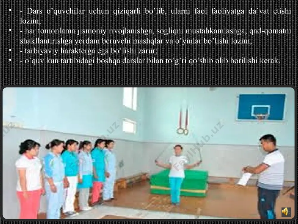 tashkil etishda tegishli ko’rsatmalar dars davomida shug’ullanuvchilarni tashkil etishning metodlarini; frontal, guruhli, individual, aylanma va ularni bajarish usullarini yozishni taqozo etadi. masalan: - mashqni mustaqil bajarish; - ikki doiraga qayta saflash. yozuvlar sxema tarzida ham yozilishi mumkin. dars jarayonida o’tilganlarni hisobga olishda o’rgatilgan materialni o’quvchilar tomonidan qay darajada o’zlashtirilganligini tekshirib ko’rish bilan bogliq bo’lgan ko’rsatmalar yoziladi. masalan: - guruh boshlig’ining faoliyatini baholash; -3-4 ta o’quvchining raport berishini baholash. eslatma: konspektning tashkiliy uslubiy ko’rsatmalar bo’limiga mashqning texnikasiga va gigiyenik omillarga doir bo’lgan narsalarni yozish tavsiya etilmaydi. masalan: - to’gri qad-qomatni nazorat etish; - oyoqni, gavdani bukmaslik kerak kabi ko’rsatmalar. dars konspektiga o’qituvchi imzo chekishi kerak, chunki bu o’quv hujjati hisoblanadi. jismoniy tarbiya darsini taxlil qilishning namunaviy rejasi darsning o`tilish vaqti ______________ sinf ______________________________ darsning turi ______________________ darsdagi o`quvchilar soni _____________ dars utuvchi ________________________ taxlil olib boruvchi ________________ dars vazifalari: ____________________________ ____________________________ ____________________________ darsning qismlarida o’quvchilarning harakat faolliklarini oshirish uchun qanday metodik …