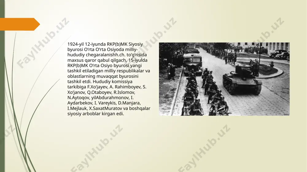 b qolgan edi, bu esa ularning ongiga ta'sir qilmasdan qolmasdi, o'z huquqlarining qandaydir poymol qilinganligida deb tushunardilar. aslida, bolsheviklar andozasidagi milliy-hududiy chegaralanish o'rta osiyo xalqlari o'rtasidagi bo'lajak millatlararo munosabatlar jarayonlafl ostiga ma'lum vaqtda portlaydigan mina qo'yish degan gap edi, ular favqulodda vaziyatlarda portlab, turli nizolar va keskin holatlar keltirib chiqarishi muqarrar edi shu bilan birga, yangi tuzilmalarni o'rta osiyo xalqlarining «milliy (javlatchiligi» tashkil etilganligi sifatida baholash ham to'g'ri bo'lmasa kerak. chunki sssr tarkibiga kirish va sssrning tashkil topganligi haqidagi shartnomaning imzolanishi, bu yerda rkp(b) mk o'rta osiyo byurosining, o'rta osiyo iqtisodiy kengashining va boshqa shunga o'xshash butunittifoq idoralarining saqlanib qolishi bilan davlatga xos bo'lgan hokimiyat vazifalari va vakolatlarning barchasi markaz ixtiyorida bo'lib qoldi. o'zbekistonespublikasi i prezidenti i.a.karimovning jonli iborasi bilan aytganda, o'rta osiyoda tashkil qilingan bu tuzilmalar davlat bo'lib shakllanmagan (davlatga o'xshash) tuzilmalar edi.» mazkur tuzilmalar suverenitet va rnustaqillikdan batamom mahrum edilar, ular aslida sssrning ma'muriy-iqtisodiy rayonlari darajasiga tushirilgan bo'lib, …