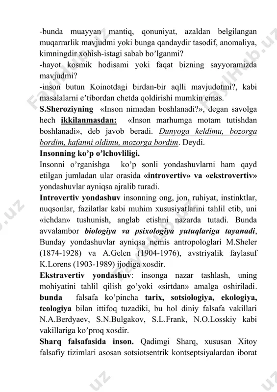 val- boshda faqat qobiliyatdir bu quvvat oʼylash, mulohaza yuritishga qobil, ammo hayotga tadbiq etish, yaʼni joriy qilishga qobil emas” .. yusuf xos xojib fikricha inson dunyoda abadiy emas, bu dunyoga kelgan har qanday odam vaqti etgach ketadi. inson umrining qimmati necha yil yashagani bilan emas, qanday ezgu ishlarni amalga oshirganligi, hayotda qoldirgan izi bilan belgilanadi. u kishi olamdan oʼtgandan soʼng, bu dunyoda undan ikki xil, biri yomon, ikkinichisi yaxshi degan nom qoladi inson iloji boricha oʼzidan yaxshi nom qoldirishi, yaxshi olqish olishi lozim deb taʼkidlagan s.vivekananda shunday deb yozgan edi: «inson tabiatni oʼziga boʼysundirish uchun tugʼiladi va bu oʼrinlidir, ammo gʼarb «tabiat» deganda faqat moddiy, tashqi dunyoni tushunadi. ibn xaldun fikricha, inson tabiatida ezgulik va yovuzlik mavjud. аgar odamlar oʼz holiga qoʼyilsa va insoniylik ruhida tarbiyalanmasa, unda xudo neʼmatini qoʼlga kiritish kamdan –kam kishiga muyassar boʼladi. suitsid (lot. sui caedere – oʼzini oʼldirish) – maqsadli ravishda oʼzini hayotdan mahrum qilish, …