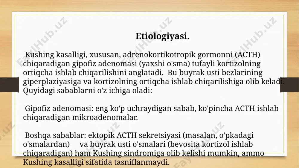 llanilishi: kushing kasalligi uchun maqsadli terapiya sifatida. isenko- kushing kasalligida oqsil,uglevod almashinuvi,yurak –qon tomir yetishmovchiligi va arterial gipertenziyani davolash uchun simptomatik terapiya otkazish zarur. yurak- tomir yetishmovchiligida ; yurak glikozzidlari va digitalis preparatlari. osteoporoz,yiringli asoratlar,pielonefrit va ruhiy buzilishlarni davolash kerak bo’ladi. retabolil 0,5 mg 10 kunda bir osteoporozlarda kalsitonin va bifosfanatlar qo’lamilladi. immuntanqislik holatlarida timalin va t-aktivin tavsiya qilinadi. image5.png image6.png image7.png image8.png image9.png image10.jpg image11.png image12.png image13.png image3.png image4.png /docprops/thumbnail.jpeg