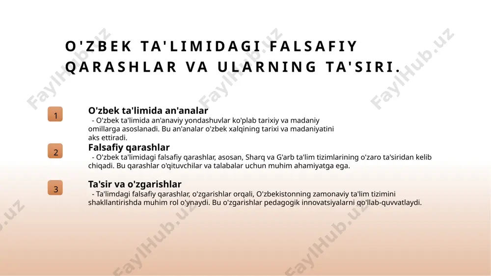 ji islohotlarning ta'siri madaniyat va ta'lim ta'lim falsafasi tarixiy jarayonlarda o'zgarib, jamiyatga moslashgan. o'zbek ta'limi falsafasi madaniyat va an'analardan kelib chiqadi. o'zbekistonda mustaqillikdan keyin ta'lim islohotlari amalga oshirilib, yangi yondashuvlar va metodlar joriy etildi. bu ta'lim sifatini oshirdi. ta'lim va madaniyat o'rtasidagi o'zaro ta'sir pedagogik innovatsiyalarni rivojlantirishda muhim ahamiyatga ega. bu jarayon o'zgaruvchan sharoitlarga mos keladi. e'tiboringiz uchun rahmat! /docprops/thumbnail.jpeg