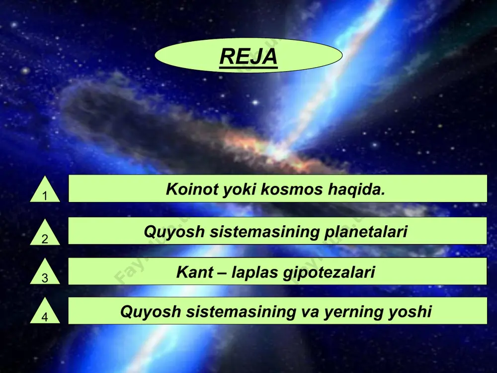 rbitalari oralig’ida quyosh atrofida aylanadi. asteroitlarning eng kattalari serera, pallaga, vesta, yunonaning diametrlari 768, 489, 385 va 193 km. dir. meteorlar grekcha mateoros – tepadagi, tepada turgan ma’nosida). unga katta bo’lmagan qattiq jismlarni atmosferaga kosmik tezlikda kirib kelish natijasida atmosferada ro’y beradigan qisqa laxzali chaqnash. eng katta chaqnashlar olov sharga o’xshaydi, ular atmosferadan juda katta shovqin bilan o’tadi. bunday chanashni bokidlar deb atashadi. metioritlar grekcha meteora – koinot xodisasi) fazodan yer yuzasiga tushadigan tosh yoki temir xoldagi osmon jismlari. ular asteoritlarning kichik porchalari hisoblanadi. yer yuzasida aniqlangan eng yirik meteorit afrikadagi goba qishlog’i chekkasiga tushgan metioritdir. uning og’irligi 60 t bo’lgan. kometalar grekcha kometos – uzun yukli ma’nosida). quyosh tizimida o’ziga xos osmon jismi. to’la shaklangan kometa quyidagi jismlardan iborat: qattiq jismdan iborat, diometri bir necha km keladigan va ravshan ko’rinib turadigan yadro, uzunligi bir necha 100 mln km. ga yetgan dum. ayrimlarining dumi 900 mln. km. ga yetadi. 10 …