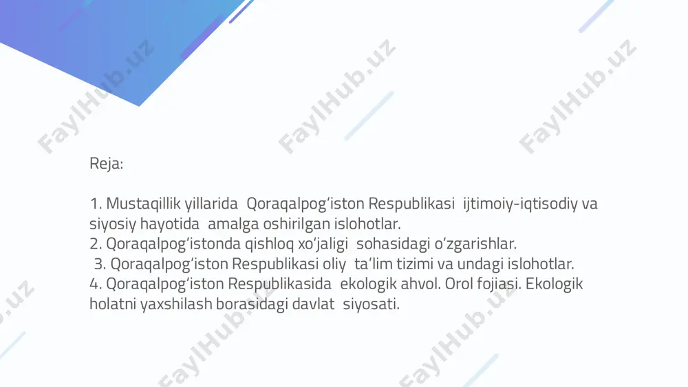 lat hokimiyatining oliy ijro etuvchiboshqaruvchi organi qoraqalpogʻiston respublikasi vazirlar kengashi, yaʼni qoraqalpogʻiston respublikasi hukumati hisoblanadi. qoraqalpogʻistonda oʻzbekiston respublikasi konstitutsiyasi bilan bir vaqtda qoraqalpogʻiston oliy kengashining 1993-yil 9-apreldagi 12-chaqiriq 12-sessiyasida qabul qilingan qoraqalpogʻiston hududi konstitutsiyasiga amal qilinadi. qoraqalpogʻiston oʻz davlat ramzlari: gerb, madhiya va bayrogʻiga ega. yirik sanoat korxonalari amudaryo tumanida (paxta zavodi va ip pigiruv va toʻqimachilik fabrikasi), beruniy tumanida (paxta, yogʻ-moy zavodlari, toʻqi-machilik korxonasi). qungʻirot tumanida (paxta, unyorma zavodlari, "us-tyurtgaz"), toʻrtkoʻl tumanida (paxta, un tortish zavodlari), xoʻjayli tumanida (paxta, yogʻ-moy, taʼmirlash-me-xanika va gisht zavodlari). chimboy tumanida (paxta, yogʻ-moy, unyorma zavodlari), ellikqalʼa tumanida (paxta zavodi, "elteks" aksionerlik jamiyati va "yuniver" qoʻshma korxonasi), shuningdek, nukus shahrida qishloq xoʻjaligi, asosan. paxtachilik, gʻallachilik (sholi va bug-doy yetishtirish) va chorvachilik (goʻsht, sut, qorakoʻlchilik)dan iborat. qishloq xoʻjaligining yalpi mahsuloti hajmida paxta 22,4%, gʻalla ekinlari 22,1%, chorva mahsulotlari 36,4% ni tashkil etadi. 2004 yilla umumiy ekin maydoni 251,2 ming ga, shundan 92,9 ming ga maydonga donli …
