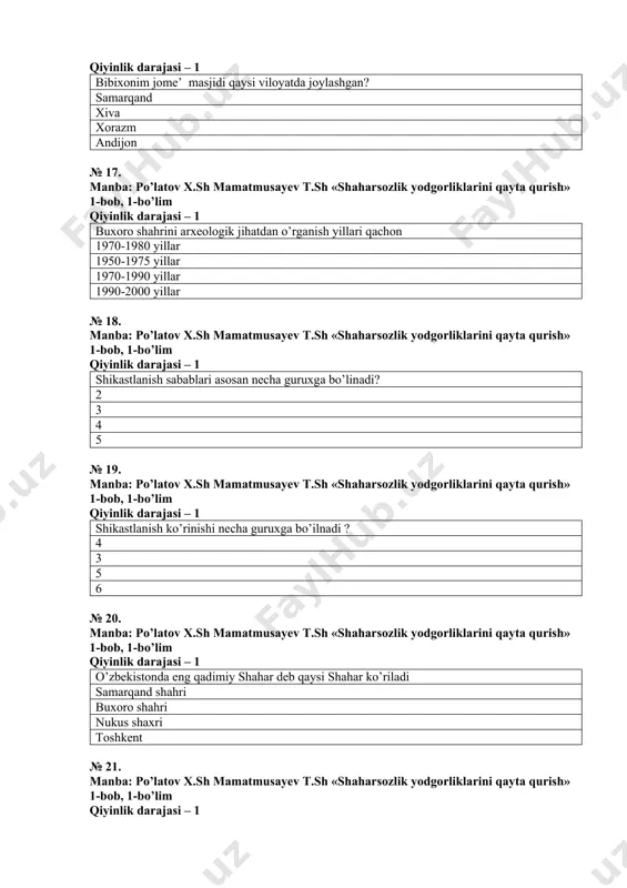 likasi qonuni qachon qabul qilingan? 30.08.2001y 28.09.2002 y. 20.10.2000 y. 30.04.2001 y № 26. manba: po’latov x.sh mamatmusayev t.sh «shaharsozlik yodgorliklarini qayta qurish» 1-bob, 2-bo’lim qiyinlik darajasi – 1 o’zbekiston respublikasi qonuni asosida “shaharsozlik kodeksi” qachon tasdiqlangan? 04.04.2002 y 02.04.2001 y 25.08.2003 y 30.04.2000 y № 27. manba: po’latov x.sh mamatmusayev t.sh «shaharsozlik yodgorliklarini qayta qurish» 1-bob, 2-bo’lim qiyinlik darajasi – 1 tarixiy shahar markazlarida muhofaza hududlarini aniqlash usullari nimalardan iborat? tarixiy yodgorliklarni tahlil qilish, binolarni tartibga solib turish hududlarini aniqlashga doir hisob - kitoblar ishlab chiqish; yodgorliklarni kuzatish uchun zarur nuqtalarni aniqlash yodgorliklarning muhofaza hududlarini aniqlash usullari shahar va tuman markazlarining tabiat–landshafti arxeologiya va tarixiy joylar, omillari va xususiyatlarini oshirish № 28. manba: po’latov x.sh mamatmusayev t.sh «shaharsozlik yodgorliklarini qayta qurish» 1-bob, 2-bo’lim qiyinlik darajasi – 1 tarixiy shahar markazlarini qayta tiklashda nimalarga e’tibor berilishi lozim? shahar markazlarining arxitekturaviy qiyofasini shakllantirishga,tarixiy, madaniy-me’moriy yodgorliklarni saqlash, asrash va ulardan zamonaviy maqsadlarda …