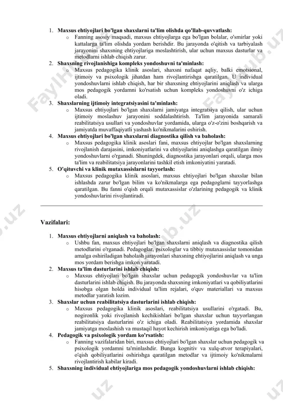timoiy moslashuv uchun reabilitatsiya jarayonlarini ishlab chiqadi. · bunda, maxsus ehtiyojlari bo'lgan shaxslarni jamiyatda erkin va mustaqil yashashga o'rgatish maqsad qilinadi. reabilitatsiya jarayonlarida pedagogik va tibbiy yordam birgalikda amalga oshiriladi. 4. individual yondoshuvlar va individual ta'lim rejalari: · har bir shaxsning ehtiyojlari va imkoniyatlariga mos ravishda ta'lim jarayonlari tashkil qilinadi. bu jarayonda, individual yondoshuvlar, o'quv dasturlari va maxsus metodlar ishlab chiqiladi. · maxsus ta'lim dasturlari va materiallari shaxsning rivojlanish darajasi va ehtiyojlariga qarab sozlanadi. 5. maxsus metodlar va vositalar: · klinik asoslar fani, maxsus ehtiyojlarga ega shaxslar uchun moslashtirilgan metod va vositalarni ishlab chiqadi. masalan, nogironlar uchun maxsus texnologik vositalar, korrektiv o'qitish metodlari yoki sensomotorika yondoshuvlari. 6. o'qituvchilar va klinik mutaxassislar o'rtasidagi hamkorlik: · ushbu fan, ta'lim jarayonida o'qituvchilar, psixologlar, tibbiy xodimlar va boshqa klinik mutaxassislar o'rtasida muvofiqlashtirilgan ishlashni ta'minlaydi. yangi pedagogik yondoshuvlarni amaliyotda qo'llashda barcha mutaxassislar birgalikda ishlashlari kerak. maxsus pedagogikaning klinik asoslari fanining asosiy maqsadi - bu maxsus …