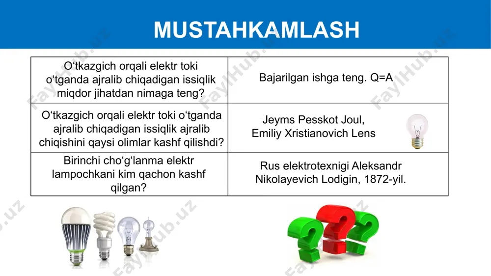 yechish 20-mashq (7) 220 v kuchlanishga mo‘ljallangan elektr choynakning iste’mol quvvati 550 w ga teng. choynak tarmoqqa ulanganda undan qancha tok o‘tadi va uning qarshiligi qanday? yechish formulasi: yechilishi: 20-mashq (7) javob: berilgan: topish k-k: mustaqil bajarish uchun topshiriq: darslikdagi 101-betidagi 20-mashqning 1-3-5-6-8-9-masalalarini mustaqil bajarish. o‘tilgan mavzularni takrorlash. image1.png image2.jpeg image3.gif image4.png image5.jpeg image6.gif image7.gif image8.png image9.gif image10.gif image7.png image80.png image9.png image110.png image12.png image2.png image3.png image410.png image10.png image5.png image11.png image13.png image14.png image15.png image16.png image17.png image18.png image19.png image28.png image29.png image20.png image21.png image22.png image23.png image24.png image25.png image26.png image27.png image30.png image31.png image32.png image33.png image34.png image35.png image36.png image37.png image38.png image39.png image40.png image41.png image49.png image42.png image43.png image44.png image45.png image46.png image47.png image48.png image11.jpeg /docprops/thumbnail.jpeg