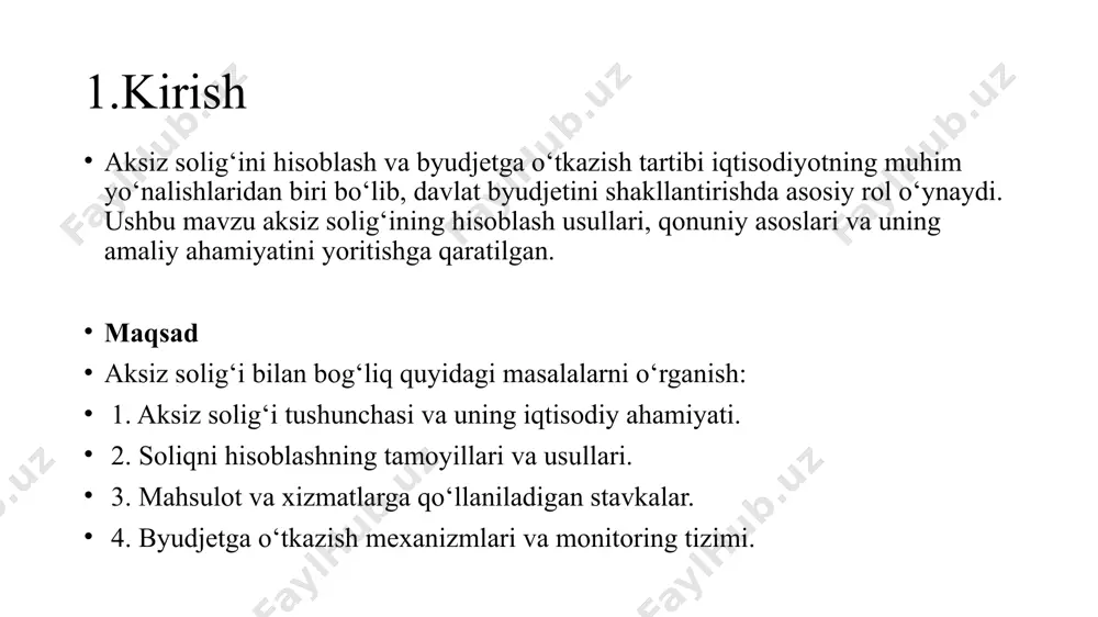 oliq kodeksi bilan tartibga solinadi. ushbu qonunlar aksiz solig‘ining hisoblash, to‘lash va nazorat mexanizmlarini belgilaydi. aksiz solig‘ining huquqiy asosi uni shaffof va samarali yig‘ish, davlat byudjetini barqarorlashtirish, shuningdek, iqtisodiy va ijtimoiy maqsadlarga erishish uchun mustahkam mexanizm yaratadi. shu bois, qonunchilikka rioya qilish va uni doimiy takomillashtirish muhim ahamiyatga ega. asosiy huquqiy hujjatlar: 1. o‘zbekiston respublikasi soliq kodeksi: • aksiz solig‘ining asosiy tushunchasi, to‘lovchilari va stavkalari belgilangan. • qaysi tovarlar va xizmatlar aksiz solig‘iga tortilishi haqida ma’lumot berilgan. • soliq to‘lov muddati va usullari ko‘rsatilgan. 2. prezident farmonlari va qarorlari: • aksiz stavkalarini belgilash yoki o‘zgartirish bo‘yicha qarorlar qabul qilinadi. • davlat iqtisodiy siyosatiga mos ravishda aksiz solig‘i tizimini yangilash masalalari hal qilinadi. 6. aksiz solig‘iga oid normativ huquqiy normalar. 1. aksiz solig‘i stavkalari: har bir mahsulot yoki xizmat turi uchun qonunchilikda alohida stavkalar belgilangan. masalan, spirtli ichimliklar uchun yuqori stavkalar, kundalik mahsulotlar uchun pastroq stavkalar. 2. mahsulotlar ro‘yxati: aksiz solig‘iga …