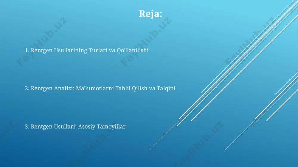suyak sinishi va o'pka kasalliklarini aniqlashda keng qo'llanila boshlandi. rentgen usullarining tibbiyotdagi qo'llanilishi rentgenografiya yordamida suyak singanlarini aniqlash, ularning joylashuvini va og'irligini aniqlash imkonini beradi, bu esa jarrohlik amaliyotini rejalashtirishda muhim ahamiyat kasb etadi va davolash samarasini 85% ga oshiradi. fluoroskopiya real vaqtda organlarning harakatini kuzatish imkonini berib, yurak-qon tomir tizimi kasalliklarini diagnostika qilishda, masalan, yurak klapanlarining ishlashini baholashda muhim rol o'ynaydi va diagnostika aniqligini 90% ga yetkazadi. kompyuter tomografiyasi (kt) yordamida 0,5 mm gacha bo'lgan mayda o'smalarni aniqlash mumkin, bu erta bosqichda saraton kasalligini aniqlash va davolash imkoniyatini beradi. rentgen strukturaviy tahlil rentgen strukturaviy tahlil, difraksiya burchaklarini va intensivliklarini tahlil qilish orqali, kristalldagi atomlarning aniq koordinatalarini va bogʻlanish uzunliklarini aniqlaydi. ushbu usul yordamida 1000 dan ortiq atomni oʻz ichiga olgan murakkab molekulalarning tuzilishini aniqlash mumkin, bu esa dori vositalarini loyihalashda muhim ahamiyatga ega. rentgen strukturaviy tahlil kristall panjarasining 3d modelini olishga imkon beradi, bu yerda atomlar orasidagi masofalar 0.1-1 …