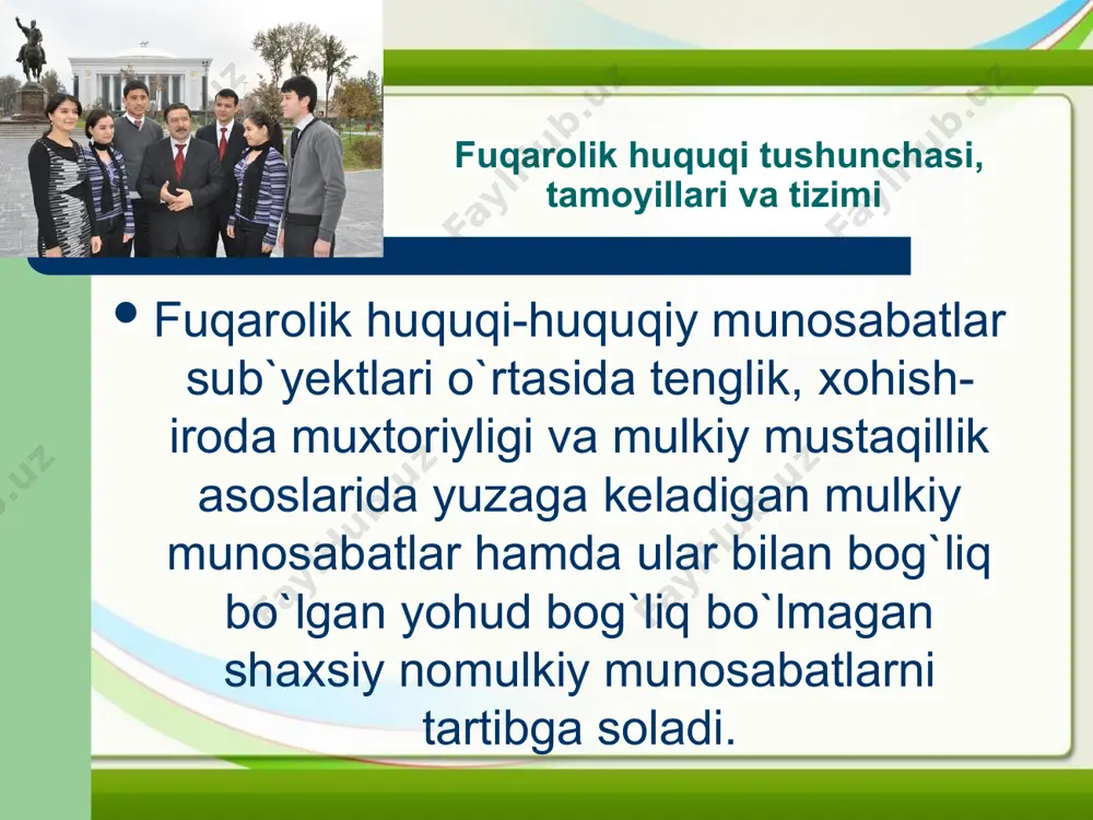 tushuniladi. vorislik huquqi fuqarolar vafot etgandan keyin ularning mulkiy va ayrim nomulkiy huquqlari va majburiyatlarining boshqa shaxslarga o`tishi natijasida kelib chiqadigan munosabatlarni tartibga soladi. fuqarolarning shaxsiy va hususiy mulkiga taaluqli bo`lgan mol-mulk meros qilib olish ob`yekti hisoblanadi. bularga fuqarolarning daromadlari va jamg`armalari, uy-joy, xonadon, uydagi yordamshi xo`jalik, uy-ro`zg`or buyumlari va ashyolari, shaxsiy iste`mol buyumlari va jihozlar kiradi. ashyolar – fuqarolik huquqining obyekti sifatida fuqarolik huquqlarining obyektlaridan biri hisoblangan ashyolar muayyan moddiy qiymatga ega bo`lgan hamda iqtisodiy munosabatning predmeti bo`la oladigan narsalargina bo`lishi mumkin. ashyolar xalq farovonligi uchun, respublika fuqarolarining moddiy va madaniy ehtiyojlarini qondirish uchun xizmat qiladi. fuqarolik huquqida ashyolar jonli ashyolar ham, masalan, uy hayvonlari, jonsiz ashyolar ham, masalan, uy-joylar, ishlab chiqarish qurollari, asbob-uskunalar, kiyim-kechaklar va boshqa narsalar insonlarning yashashi uchun muhim ahamiyatga egadir.