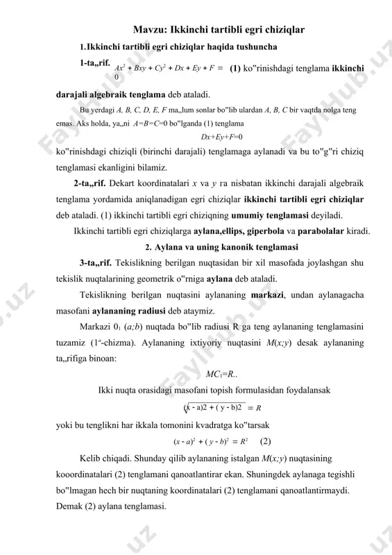 bu holda (6) tenglama (  ) x   d 2  2    y  (  ) e 2 (  ) 0 2  ko‟rinishga ega bo‟ladi. bu tenglamani yagona 0  d ; e   nuqtaning (  ) (  )koordinatalari qanoatlantiradi xolos. 1  2 2  ( f )3) d2  e2   0 . bu holda (6) tenglama hech qanday egri chiziqni 4 4 aniqlamaydi. chunki tenglamaning o‟ng tomoni manfiy, chap tomoni esa manfiy emas. xulosa. (1) tenglama а=с, в=0, d2  e2   ( f ) ( 0 )4 4 bo‟lgandagina aylanani tenglamasini ifodalar ekan. 1- misol. x2  y 2  2x  4y  4  0 tenglama aylananing tenglamasi ekanligi ko‟rsatilsin va aylananing markazi hamda radiusi topilsin.  d 2  e 2 yechish. а=с=1, в=0,       …