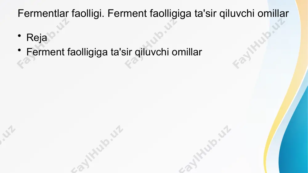 tning ta'siri haroratning ferment faolligiga ta'siri fermentativ reaktsiyalarning samaradorligiga sezilarli ta'sir ko'rsatadigan hal qiluvchi omil hisoblanadi. ph kabi, harorat fermentning molekula ichidagi bog'lanishlarining barqarorligida hal qiluvchi rol o'ynaydi, bu esa o'z navbatida uning umumiy faolligiga ta'sir qiladi. umuman olganda, fermentlar o'ziga xos optimal haroratda optimal faollikni namoyish etadi. haroratning biroz ko'tarilishi reaksiya tezligini tezlashtirishi mumkin, chunki reaktivlar ko'proq kinetik energiyaga ega bo'lib, fermentlar va substratlar o'rtasida tez-tez to'qnashuvlarga olib keladi. bu ferment-substrat o'zaro ta'sir tezligining oshishiga va natijada reaktsiya tezligining oshishiga olib keladi. biroq, optimal haroratdan sezilarli og'ishlar ferment faolligiga salbiy ta'sir ko'rsatishi mumkin. 3-omil: haroratning ta'siri 3-omil: haroratning ta'siri 3-omil: haroratning ta'siri 4-omil: ph ta'siri ph ning ferment faolligiga ta'siri fermentativ reaktsiyalarning samaradorligiga sezilarli ta'sir ko'rsatadigan hal qiluvchi omil hisoblanadi. fermentlar oqsil molekulalari bo'lib, ularning qoldiqlari ketma-ketligidan kelib chiqadigan elektr zaryadlari bo'lgan aminokislotalar zanjiridan iborat. ushbu aminokislotalarning o'ziga xos joylashuvi fermentning uch o'lchovli tuzilishini va uning funktsional qoldiqlarini, shu …