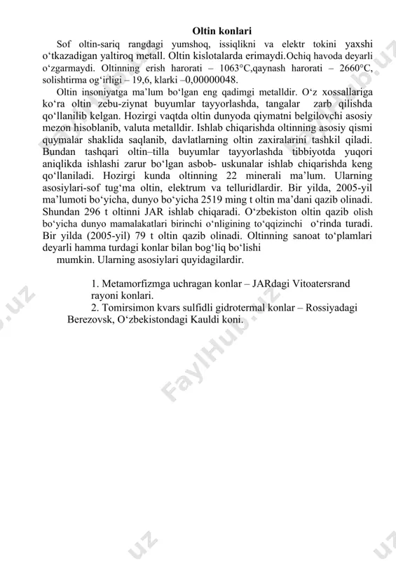 rati – 1955 °с, solishtirma og‘irligi – 10,7, klarki – 0,00007.kumush ham qadim zamonlardan ma’lum bo‘lib, savdo-sotiq rivojlanishiga katta hissa qo‘shgan metalldir. kumush – nodir metallarning eng arzonidir. kumush yorug‘lik ta’sirini sezuvchi metall. hozirgi paytda kumush zebu-ziynat buyumlar tayyorlashda, radio va elektr texnikada, fotoplyonkalar, ko‘zgular ishlab chiqarishda, tangalar zarb qilishda qo‘llaniladi (14-rasm). kumushning dunyo bo‘yicha tabiiy zaxirasi 2005-yil ma’lumoti bo‘yicha 570 ming t. bir yilda dunyo bo‘yicha 19954 t kumush ma’dani qazib olinadi. tabiatda 60ga yaqin kumushli minerallar ma’lum. ularning asosiylari – sof tug‘ma kumush, argentit, prustit, pirargirit, elektrum (17-rasm). kumush ma’danlarining sanoat turidagi to‘plamlari asosan mis va polimetall konlari bilan uzviy bog‘liqdir. o‘zbekistondagi eng yirik kumush konlari: kosmanachi, lashkarak, okjeptes hisoblanadi. 17-rasm. qo‘rg‘oshin, rux va kumushning asosiy minerallari. platina konlari platina guruhi oq va kumushsimon oq rangdagi 6ta metallni –ruteniy, radiy, palladiy, osmiy iridiy va platinani birlashtiradi. ular yaqin xususiyatga ega. ularni bir-biridan ajratish mumkin. ruteniy klarki 0,0005, solishtirma …