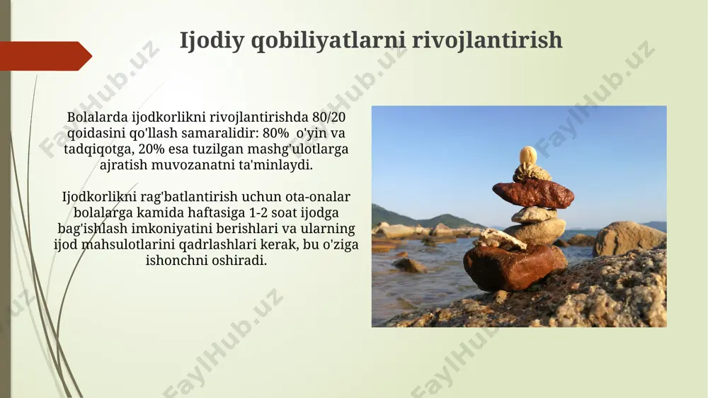 'sir qiladi. ota-onalar bolalarining kuchli va zaif tomonlarini aniqlash, individual yondashuvni qo'llash orqali kamida 3 ta turli rivojlanish sohasida (masalan, akademik, ijtimoiy, emotsional) yutuqlarga erishishlariga yordam berishi va potentsialini ochib berishi zarur. mas'uliyat hissini shakllantirish mas'uliyat hissini shakllantirishda bolaning 5 yoshdan boshlab kichik uy vazifalari bilan shug'ullanishi, masalan, o'yinchoqlarini yig'ishtirish yoki stolni tozalash, muhim ahamiyatga ega. ijtimoiy loyihalarda ishtirok etish, masalan, xayriya tadbirlarida yordam berish, bolaning o'z jamiyatiga nisbatan mas'uliyat tuyg'usini 2-3 barobar kuchaytirishi mumkin. qadriyatlar tushunchasining o'zgarishi va uning ta'siri texnologiyaning rivojlanishi natijasida, yoshlar 50% dan ortiq vaqtini ekranlarda o'tkazib, shaxsiy munosabatlar va oilaviy qadriyatlarning su'sayishiga olib keladigan virtual dunyo bilan bog'langan holda ulg'aymoqda. so'nggi 10 yilda ijtimoiy tarmoqlarning ta'siri bilan qadriyatlar tizimining 25% qismi shakllanib, o'z-o'zini namoyish etish, shuhratparastlik kabi yangi qadriyatlar paydo bo'ldi va an'anaviy tushunchalar ortiga chekinmoqda. mustaqillikni tarbiyalash mustaqillikni tarbiyalashda, o‘z fikrini erkin ifoda eta olish qobiliyatini rivojlantirish muhim, chunki bu 10 yoshdan boshlab mustaqil …