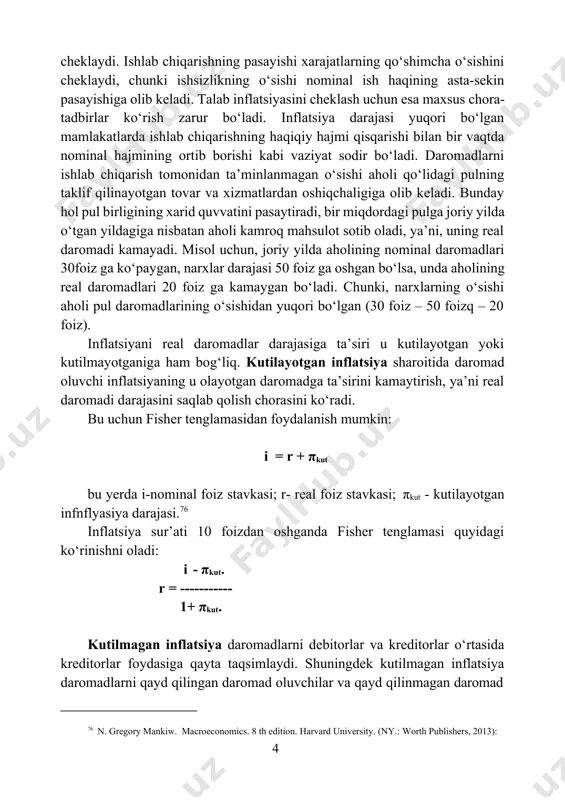 oshib boradi. hatto ish bilan bandlik va yaim ishlab chiqarish kamaygan yillari tovarlarning bahosi oshadi. yalpi taklif qisqarishining asosiy sababi mahsulot birligiga sarflangan xarajatlarning o‘sishi hisoblanadi. bunda nominal ish haqi, xom ashyo va yoqilg‘i narxlarining oshishi natijasida ishlab chiqarish tannarxi ham oshadi. taklif inflatsiyasining kelib chiqishiga, shuningdek, taklif mexanizmining buzilishi ham ta’sir qiladi. taklif mexanizmi esa tasodifiy holda asosiy ishlab chiqarish omillari bahosining keskin ko‘payishidan kelib chiqadi. iqtisodchi olimlarning fikriga ko‘ra, taklif inflatsiyasi o‘z-o‘zini cheklaydi. ishlab chiqarishning pasayishi xarajatlarning qo‘shimcha o‘sishini cheklaydi, chunki ishsizlikning o‘sishi nominal ish haqining asta-sekin pasayishiga olib keladi. talab inflatsiyasini cheklash uchun esa maxsus chora-tadbirlar ko‘rish zarur bo‘ladi. inflatsiya darajasi yuqori bo‘lgan mamlakatlarda ishlab chiqarishning haqiqiy hajmi qisqarishi bilan bir vaqtda nominal hajmining ortib borishi kabi vaziyat sodir bo‘ladi. daromadlarni ishlab chiqarish tomonidan ta’minlanmagan o‘sishi aholi qo‘lidagi pulning taklif qilinayotgan tovar va xizmatlardan oshiqchaligiga olib keladi. bunday hol pul birligining xarid quvvatini pasaytiradi, bir miqdordagi pulga …
