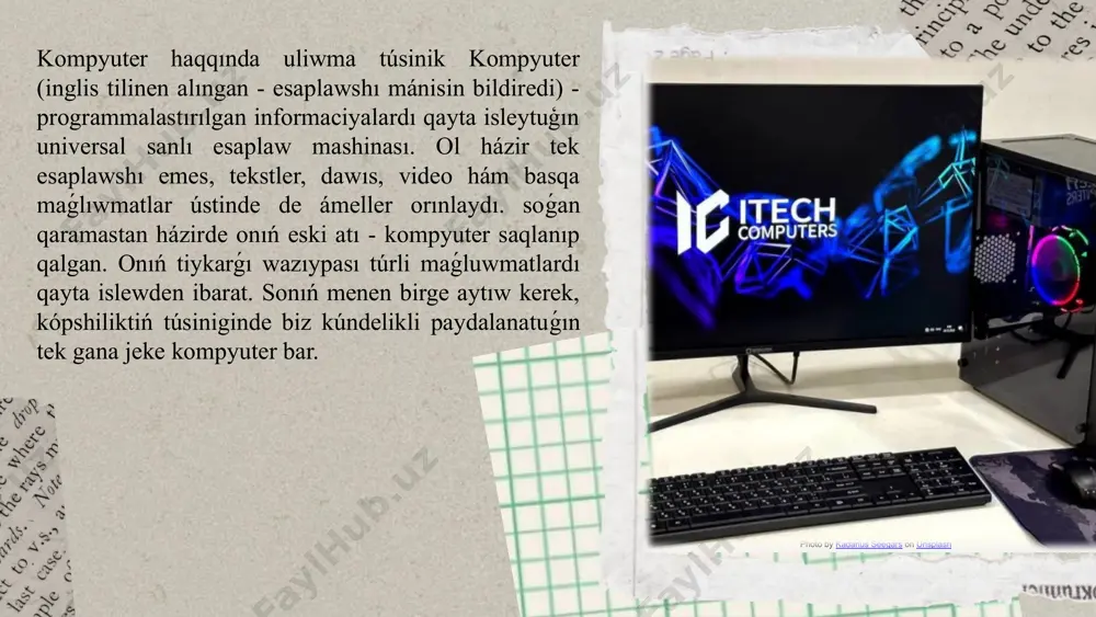nedi. klaviatura klaviatura tekstli maǵlıwmatlardı kompyuterge qolda kirgizetuģın hám oniń menen pikirlesiw wazıypasın atqaratuģın qurılma bolip tabıladı. onıń járdeminde ámeliy sistemaǵa hám onıń basqarıwı astında isleytuǵın programmalarǵa buyrıqlar hám programmalarǵa kerek bolǵan maǵluwmatlar kirgiziledi. klaviatura windows sistemasında ańsat islewdi jolga qoyıw ushin jaratılgan klaviaturalar ádette 101, 104, 108 yamasa 109 klavishlerden ibarat boladı. óz wazıypalarına qaray klavishalar bes toparģa bólinedi: álipbe háripleri hám sanlardı kirgizetuģın klavishalar. kursordı basqarıw klavishleri. funkcional klavishalar. sanlardı kirgizetuģın óz aldına klavishlar. photo by anjali mehta on unsplash kompyuterdiń qosimsha qurilmaları haqqında uliwma túsinik tishqansha - informaciyalardı kompyuterge kirgiziw hám onıń menen baylanısıw wazıypasın tezirek ámelge asırıwdı boljawshı qurilma. onısız kompyuterde, ásirese, ámeliyat sistemasında islewge bolmaydı. ol járdeminde ámeliyat sistemaģa hám oniń basqarıwı astında isleytuģın programmalarga buyrıqlar kirgiziledi. tishqansha ádette yeki yamasa úsh klavishali boladı: shep, oń hám orta yamasa dóńgelekli. shep hám oń klavishalar programma tiykarında almastırılıwı múmkin. printer printerler kompyuterde alıngan nátiyjeler, programma hám …
