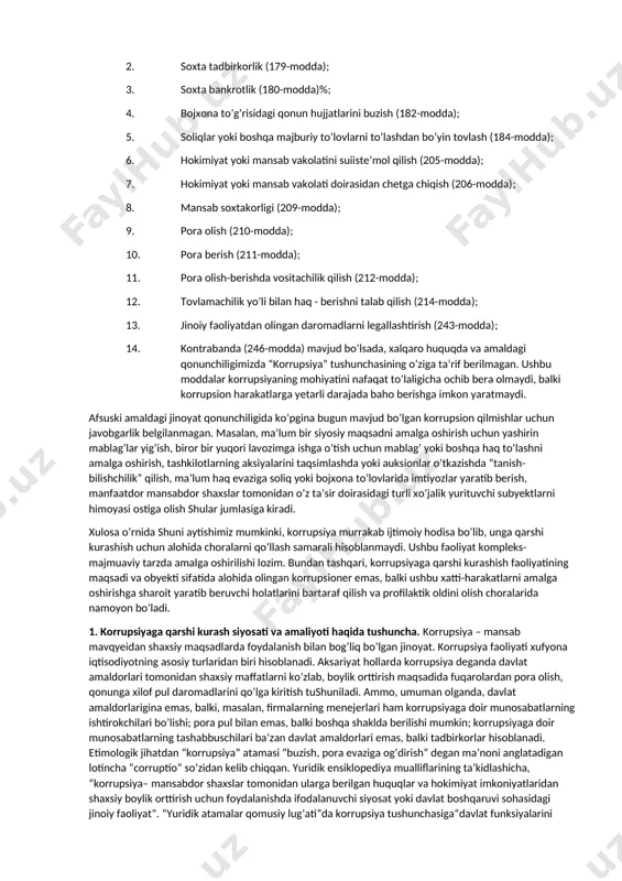 haxslarni noqonuniy yo’l bilan boyishiga yo’l qo’ymaslik lozim”. fransuz mutafakkiri sharl monteskye esa bu borada “asrlar tajribasidan ma’lumki, har qanday hokimiyat vakolatiga ega bo’lgan shaxs, uni suiiste’mol qilishga moyil bo’ladi va u ma’lum bir maqsadga erishmaguncha shu yo’nalishda yuradi” degan fikrlarni bildirgan. g’arbiy yevropa davlatlarining keyingi tarixida ham korrupsiyaning turli ko’rinishlari va korrupsion munosabatlarning avj olishi nafaqat tarixiy manbalarda balki, o’sha davrning ilg’or yozuvchi faylasuflarining asarlarida ham o’z ifodasini topgan. xususan, shekspirning “venesiyalik savdogar”, “qonga qon, jonga jon” , dantening “do’zax”, “tozalovchi” kabi asarlarida ham yoritilgan. dante korrupsionerlarni do’zaxni eng qorong’i va eng chuqur joyiga tashlash kerak degan fikrni bildirgan korrupsiyaning kelib chiqishi tarixi va rivojlanishi masalalarini nikkolo makiavelli o’rganib, uni yo’talga qiyoslab shunday degan edi, “korrupsiyani ham yo’talga o’xshab oldin aniqlash qiyin, ammo davolash oson, lekin bu kasalni o’tkazib yuborsangiz uni aniqlash oson, ammo davolash qiyin”. mana shu so’zlardagi haqiqatni bugungi kunda dunyo bo’yicha keng tarqalgan korrupsiya ko’rinishlariga nisbatan …