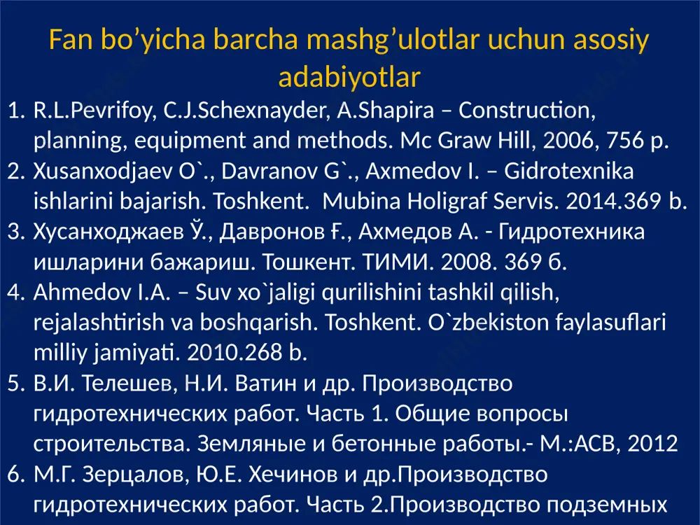 takomillashtirish chora-tadbirlari to’g’risida” gi pq-4486-son qarorlarida belgilangan vazifalarni bajarishda mazkur fan muayyan darajada hizmat qiladi. 1. mamlakatimizda gidrotexnika ob’ektlari qurilishi, rekonstruksiya qilinishi, qayta qurilishi va ta’mirlanishi-tiklanishining ahamiyati. tarixiy manbalar va arxialogik tadqiqotlar o‘rta osiyoda suv xo‘jaligining rivojlanishini, suv resurslarini boshqarishni eramizdan olidingi 3000-2500 yillarga bog‘lanadi. “o‘zbekiston irrigatsiyasi” to‘plamida samarqand viloyatida xozirgacha xarobalari saqlanib qolgan xonbandi (xi asr), abdullaxonbandi (xvi asr), zarafshon daryosidagi suv ayirgich inshooti (xvii asr)ning saqlanib qolgan qismlari ota bobolarimizning yuksak aql zakovatli va yuqori tajribali ekanliklaridan dalolat beradi. buyuk shoir alisher navoiy o‘zining “farxod va shirin” dostonida suv chiqarish masalasini xalqning asriy orzusi deb yozgan bo‘lsa shox bobur avlodaliri 1587 yili xindistondagi qizil qal’a saroyida chuqurligi 145m bo‘lgan ichimlik suvi qudug‘ini qurdirgan va u xozirgi vaqtgacha saqlanib qolgan. davlat iqtisodini boshqarishda daryodagi suv sathini o‘zgarishi o‘lchov qilib belgilangan. bunga buyuk vatandoshimiz ahmat al farg‘oniy asos solgan. uning ishlanmasi byicha nil daryosiga qurgan suv o‘lchash inshooti 1150 yildan …