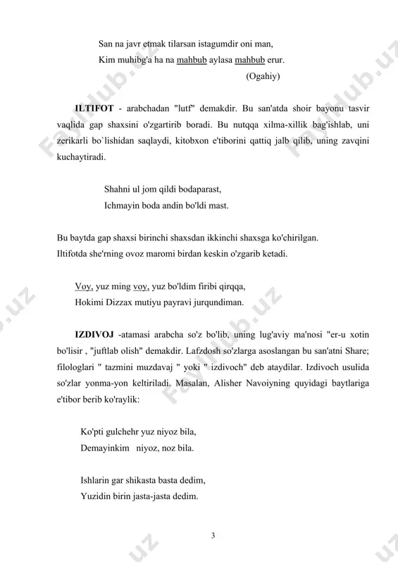 iqlanmish, "bazar" aniqlovchidir. mukarrar -"qayta-qayta", "ust-ustiga" ma'nolarini ifodalaydi. shu nom bilan ataluvchi lafziy san'at esa baytning har ikkala misrasida juft so'z qo'llanishini nazarda tutadi. atoulloh husayniy o'zining "badoye -us -sanoye' " asarida "rasltidi vatvot depturkim, shuaro mukarrar deb andoq she'mi ayturkim, bit baytta bir lafzni kehirurlar va o'zga baytta aning ta'sirida o'shul lafzni yana kehirurlar" , -deb ta'kidlaydi va asjadiy she'ridan misol keltiradi. ushbu san'atda bir baytning ikki misrasida keltirilgan ikki juft so'z keyingi bayt misralarida ham takrorlanishi kerak. furqatingdin xasta ko'nglum qatra-qatra qon erur, olloh-olloh, bu ne hajru behadu poyon erur. tola-tola nay o'qung ko'ksimda go'yo sindikim, tevraluptur notavon ko'nglumda bir-bir tolalar. mukarrar lafziy san'ati xv asrdan keyingi o'zbek she'riyatida furqat ijodida uchraydi. avval-avval iutfingiz haddin ziyo.d erdi menga, emdi-emdi marhamat komrog'ingizga dog'man. halqa-fialqa zulfikim ul mohi tobonindadur, ching'a boqsam doldek xurshid aning yonindadur. muvozina-arabcha so'zdan oligan bo'lib; "tenglik, qiyoslash, bezash, bir-biriga mos" demakdir. u tuzilishiga ko'ra ham, misraga …