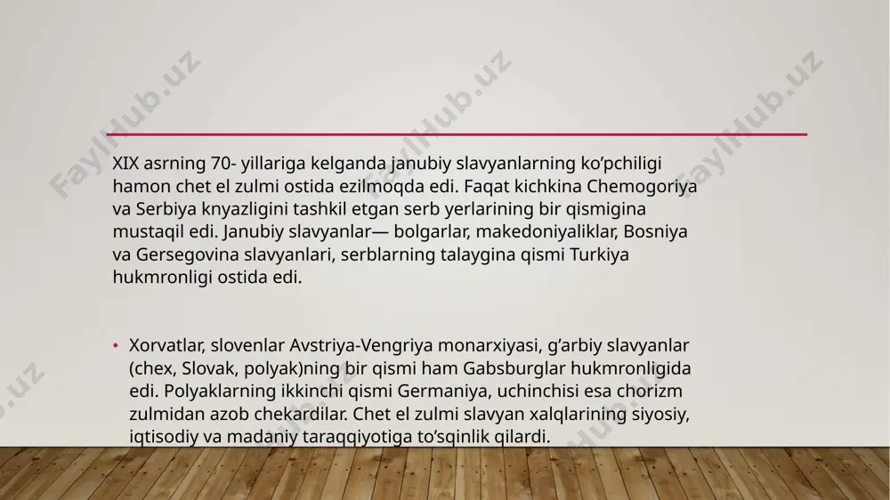 relda turkiyaga qarshi urush e’lon qildi (20-§ ga qarang). turkiya bolgariya davlatining tuzilishiga rozilik bildirdi. mustaqilikka ega bo’lgan davlatlar konstitutsiyaviy monarxiya davlatlari bo’lib qoldilar. albaniyaning mustaqilikka erishishi. turklar zulmiga qarshi albaniyaning mustaqillik uchun kurashi kuchaydi. albaniyadagi barcha siyosiy kuchlar albaniyani taqsimiab olish rejalarini tuzayotgan chet el davlatlari siyosatiga qarshi chiqdilar. bolgariyada chiqayotgan «kalendari kombiar» («milliy kalendar») degan jurnal 1902- yilda shunday deb yozgan: «biz uyquda yotibmiz, bu vaqtda esa bizning ustimizda savdolashmoqdalar». 1912- yil 28- noyabrda aibaniya mustaqillikka erishdi. turklarning qariyb besh asr davom etgan hukmronligi tugadi. 1va 2-bolqon urushi. bolqon davlatlari turkiyaning bolqondagi hokimiyatiga butunlay chek qo’yishga qaror qildilar. shu maqsadni ro’yobga chiqarish uchun bolgariya, serbiya, chernogoriya va gretsiya o’zaro ittifoq tuzdilar. bu ittifoq tarixga «bolqon ittifoqi» nomi bilan kirdi va rossiya tomonidan qo’llab-quvvatlandi. «bolqon ittifoqi» 1912- yilning 17- oktabrida turkiyaga urush e’lon qildi. bu urushda turkiya mag’lubiyatga uchradi. 1913- yilning 30- may kuni londonda bolqon ittifoqi bilan turkiya …