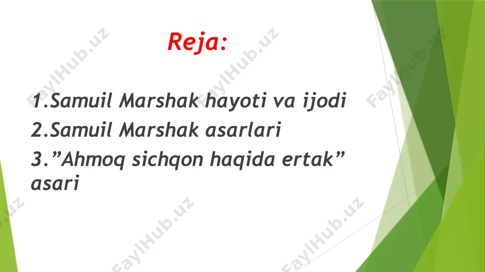 ars bergan. shu bilan birga, u yaqin sharqqa sayohat qiladi, u erda shoirning eng yaxshi asarlari tug'ilgan. bu 1911 yilda sodir bo'ldi. bir yil o'tgach, yigit to'rt yil davomida tahsil olgan london universitetida talaba bo'ldi. sankt-peterburgga qaytib kelgach, marshak turli nashrlarda, shu jumladan "rus tafakkuri" va "shimoliy eslatmalar" da nashr etila boshlaydi. u o'z she'rlarini emas, balki taniqli britaniyalik shoirlarning tarjimalarini chop etadi. shoirning mashhur asarlari bolalarning ertaklari ("o'n ikki oy", "qayg'udan qo'rqish - baxtni ko'rmaslik", "aqlli narsalar" va boshqalar), didaktik asarlar ("olov", "pochta", "dnepr bilan urush"), satirik pamflet janob twister, "noma'lum qahramonning qissasi" she'ri, harbiy va siyosiy mavzudagi bir qator asarlar ("harbiy pochta", "badiiy adabiyot", "butun yil davomida" va boshqalar). mashrak hayoti yillar talqinida 1887 yil - tug'ilish 1898–1906 yil - o'rta maktab 1904 yil - gorkiy bilan uchrashuv 1906 yil - sankt-peterburgga yaltadan ko'chib o'tdi 1907 yil - birinchi to'plam "sionidlar" 1911 yil - uzoq sharqqa sayohat 1912 …